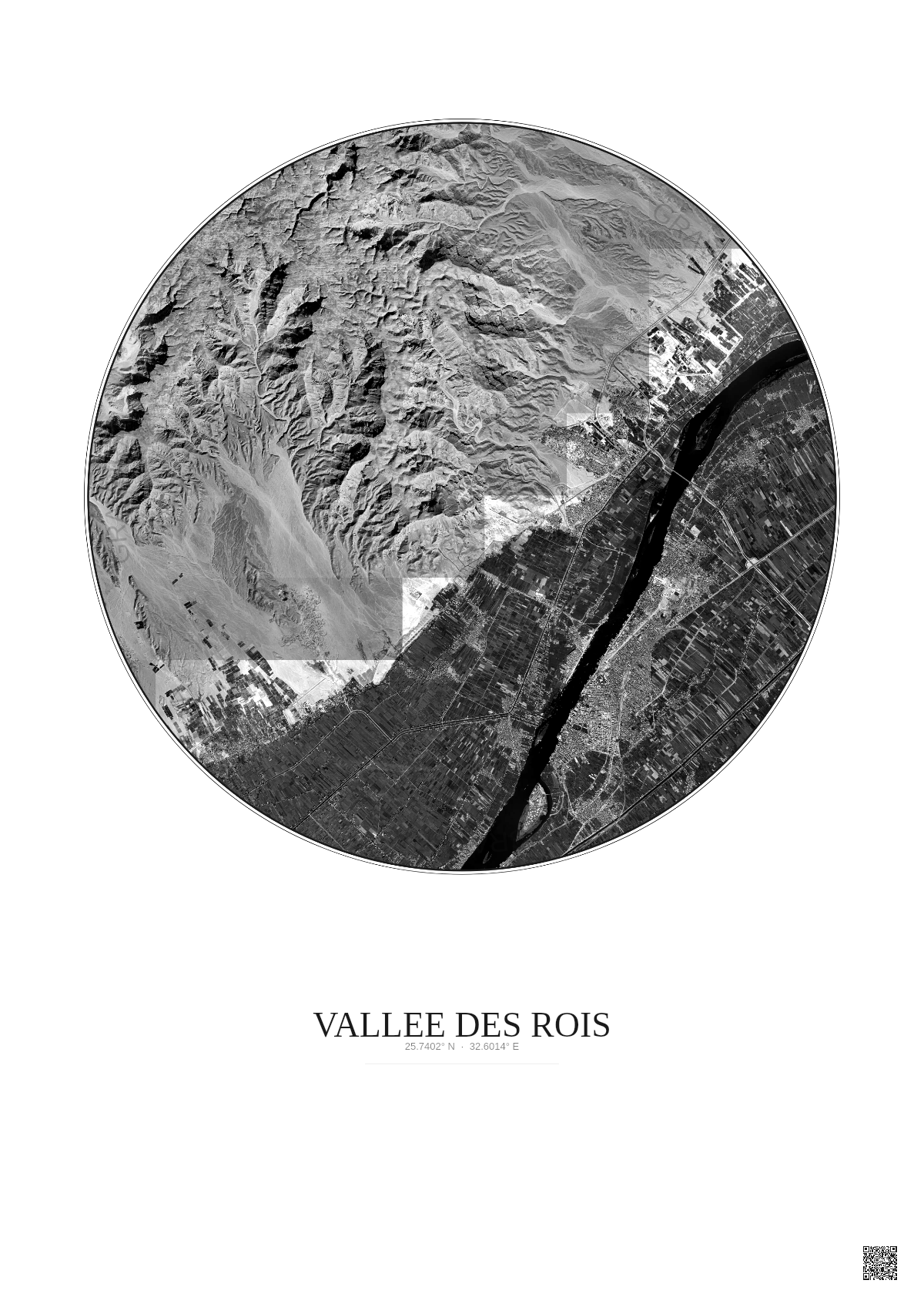 Affiche Vallee Des Rois – Poster vue satellite 10km N&B | Gravura – Fond clair