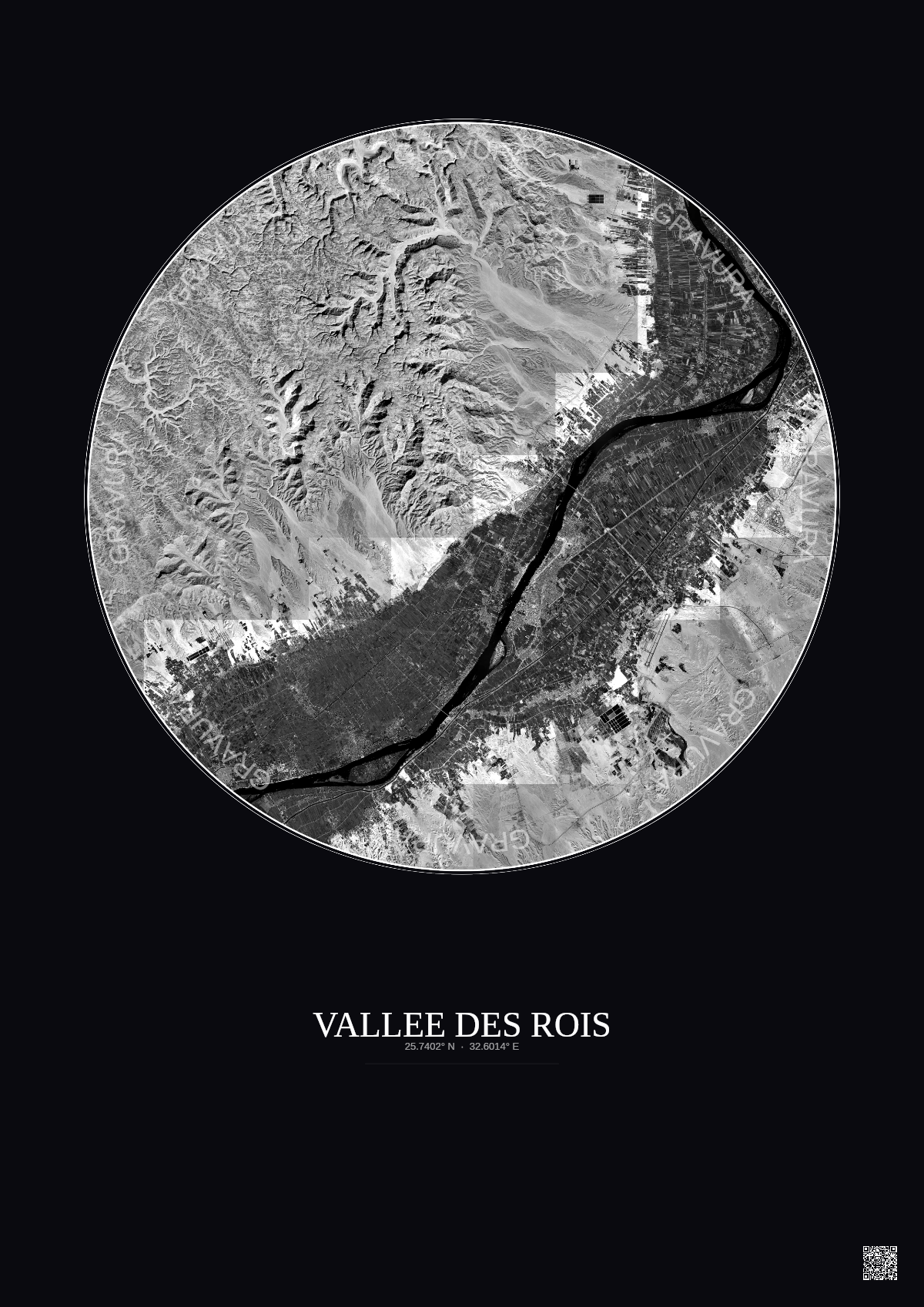 Affiche Vallee Des Rois – Poster vue satellite 20km N&B | Gravura – Fond foncé
