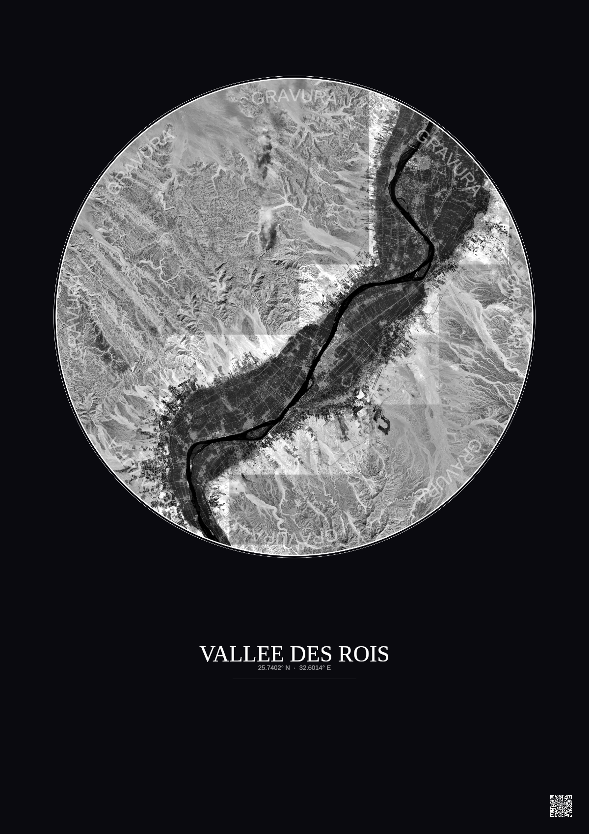 Affiche Vallee Des Rois – Poster vue satellite 30km N&B | Gravura – Fond foncé