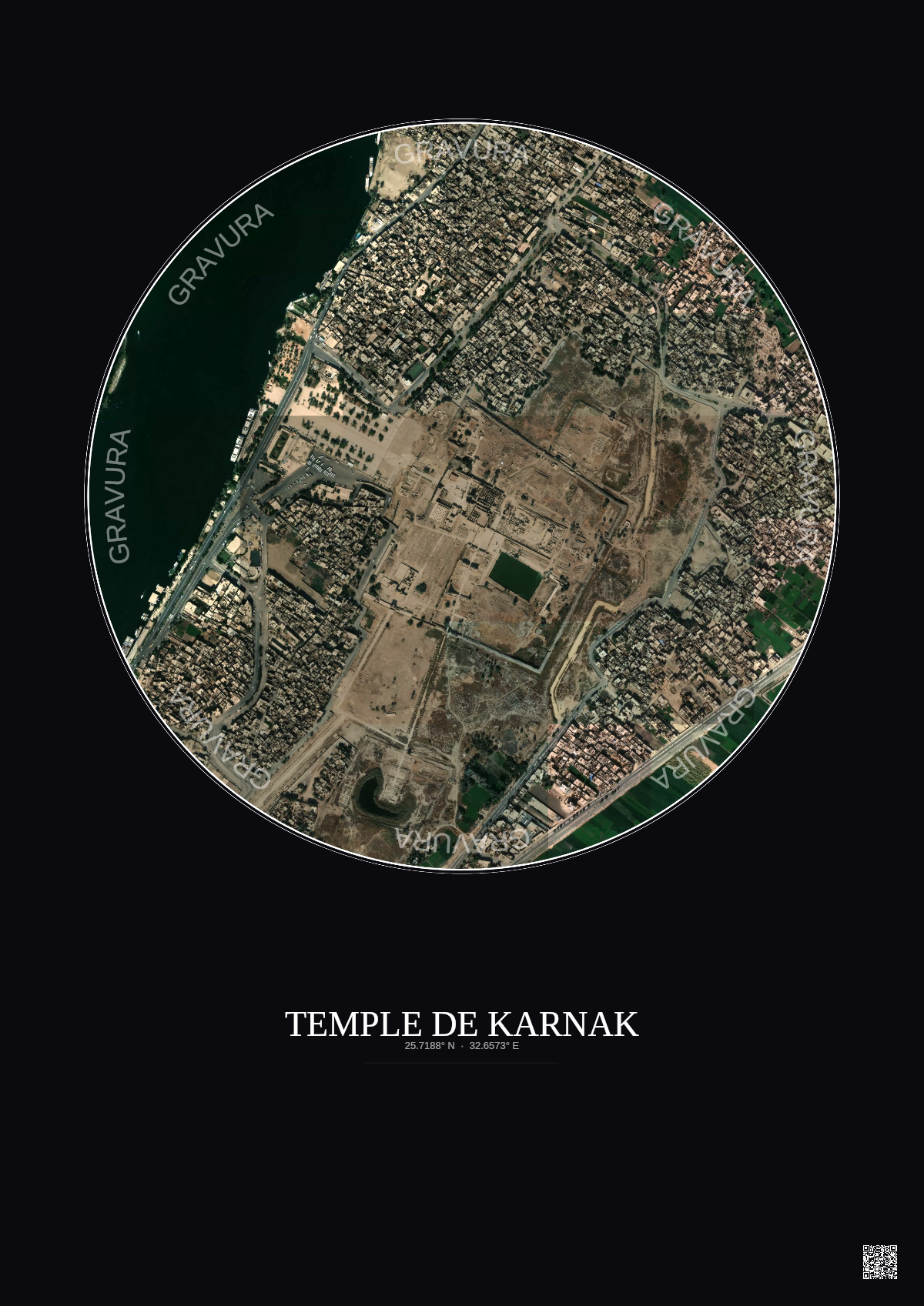 Affiche Temple De Karnak – Poster vue satellite 1km Couleur | Gravura – Fond foncé