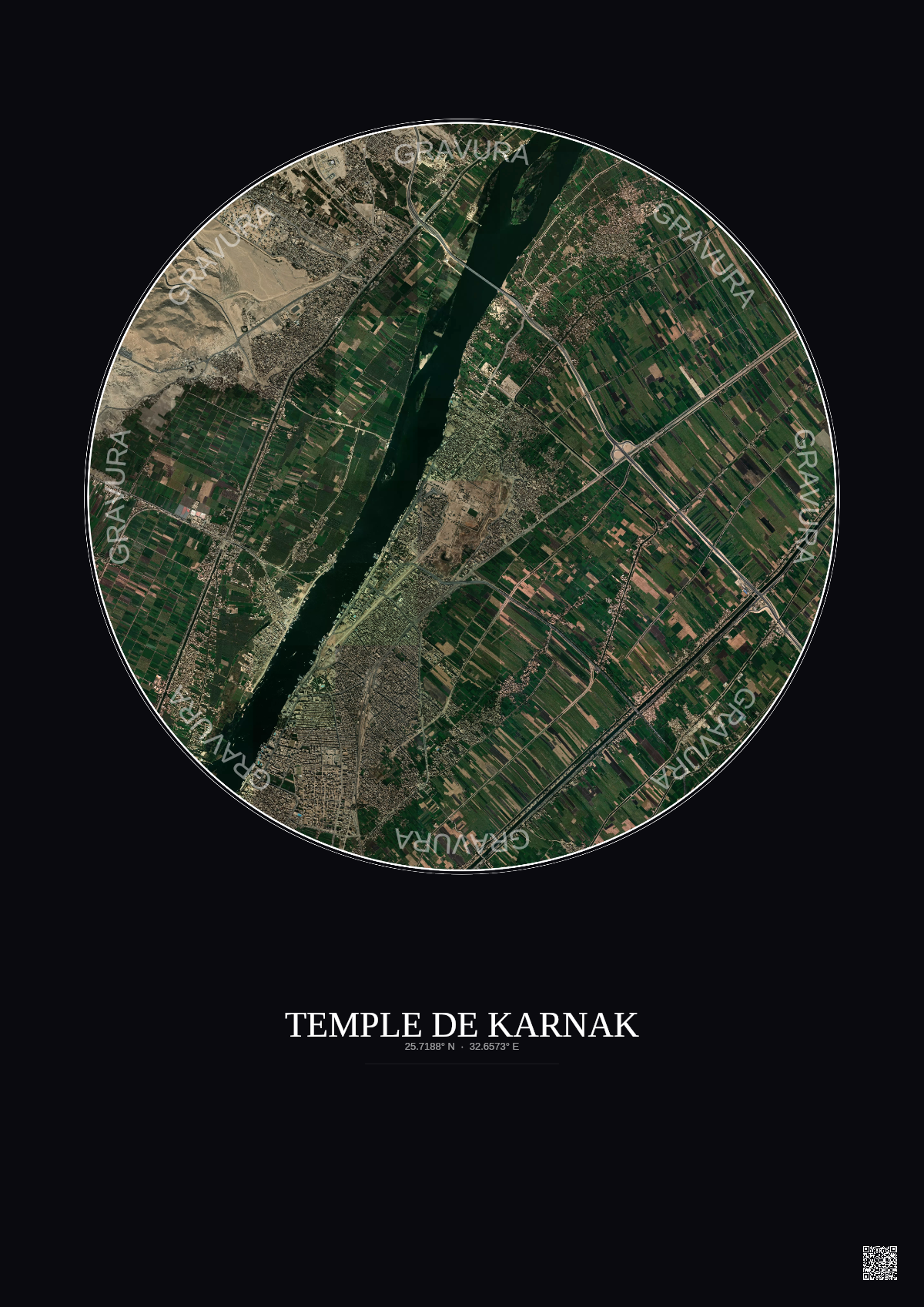 Affiche Temple De Karnak – Poster vue satellite 5km Couleur | Gravura – Fond foncé