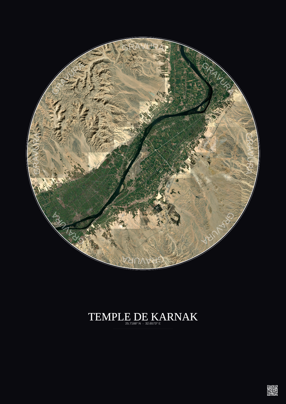 Affiche Temple De Karnak – Poster vue satellite 20km Couleur | Gravura – Fond foncé