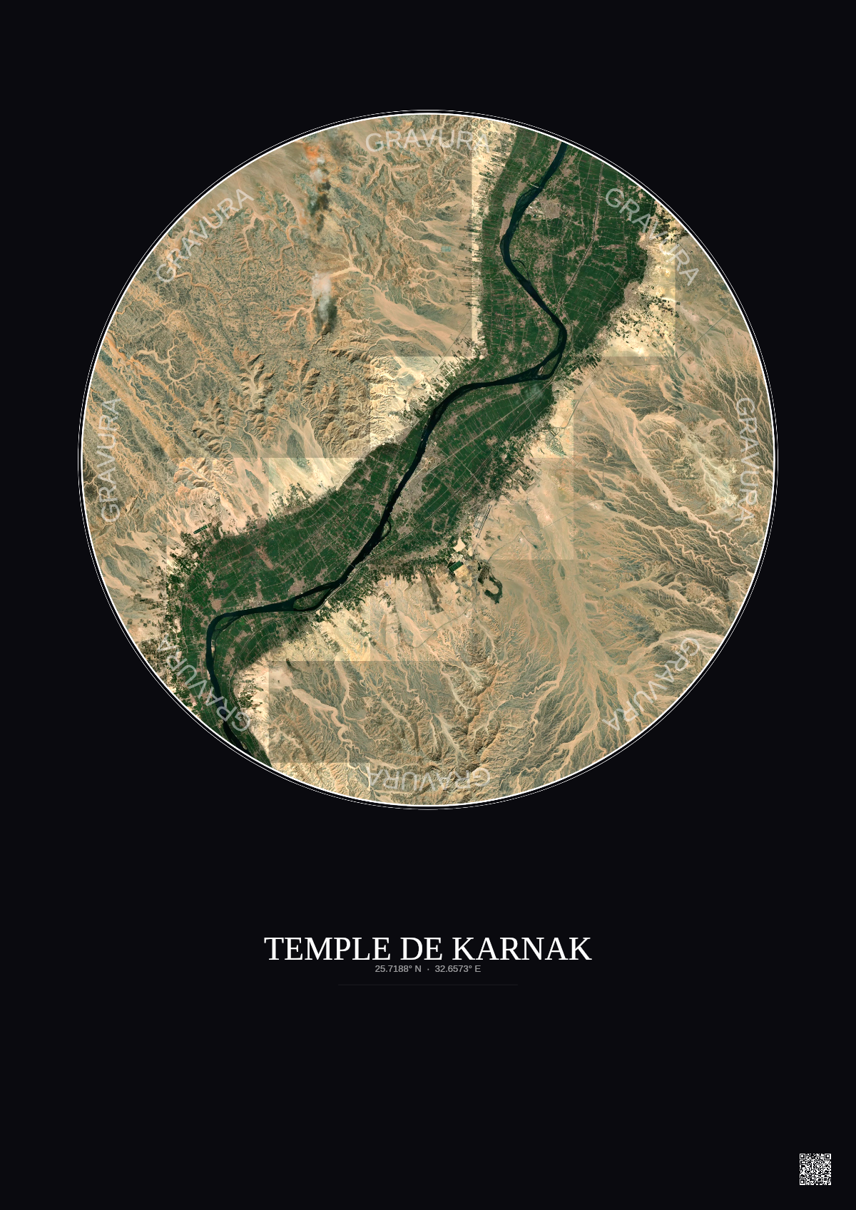 Affiche Temple De Karnak – Poster vue satellite 30km Couleur | Gravura – Fond foncé