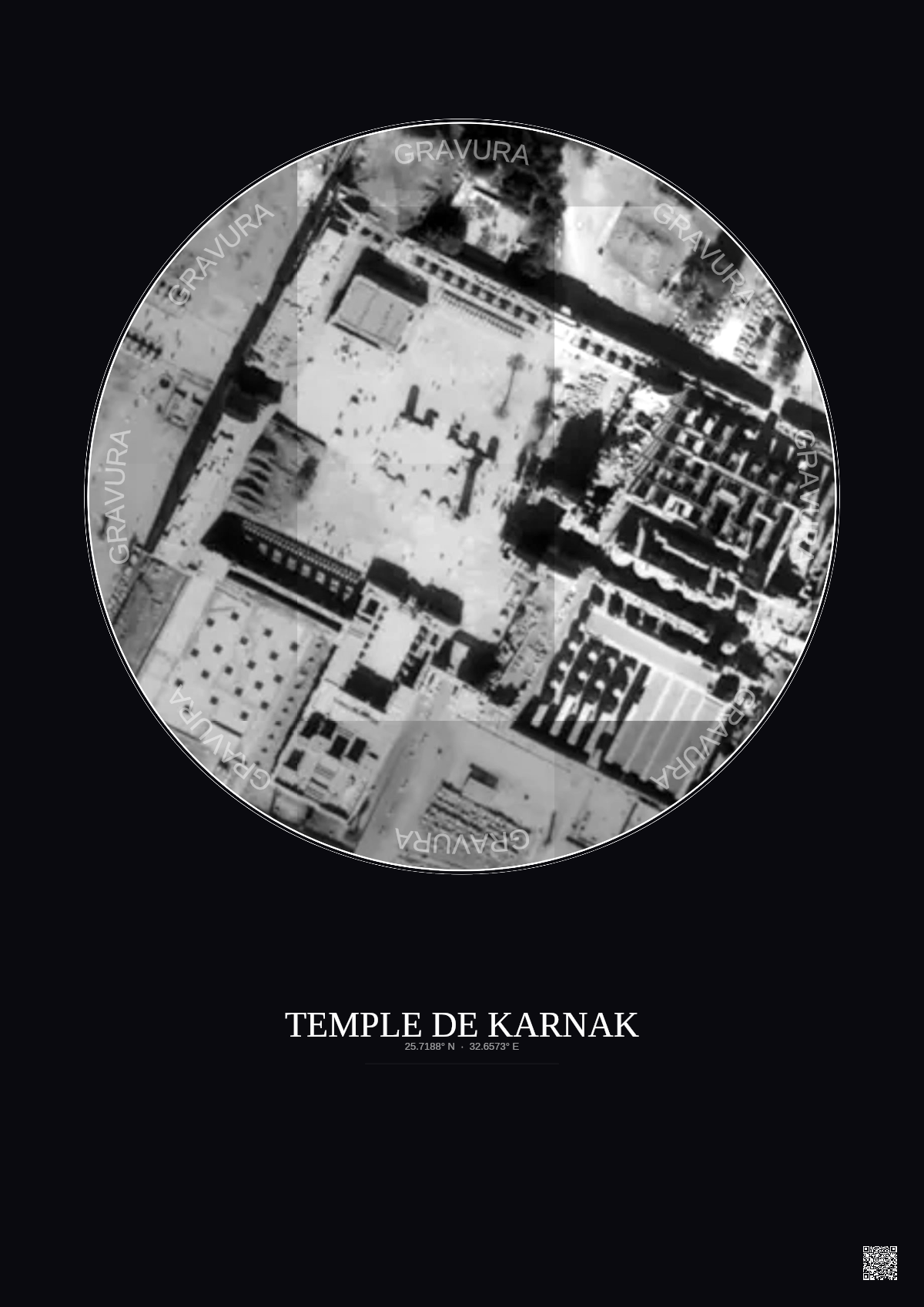 Affiche Temple De Karnak – Poster vue satellite 0.1km N&B | Gravura – Fond foncé