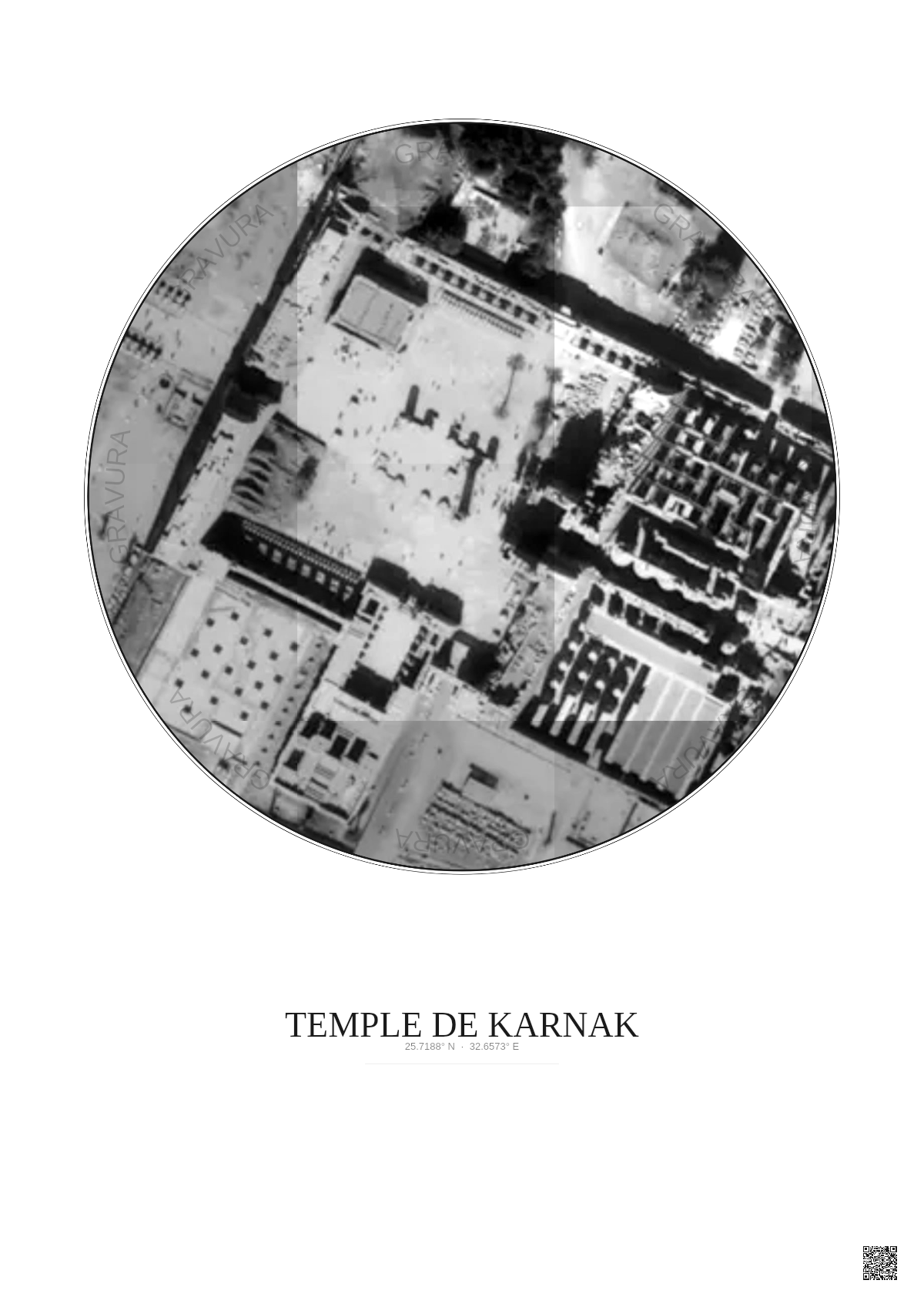 Affiche Temple De Karnak – Poster vue satellite 0.1km N&B | Gravura – Fond clair