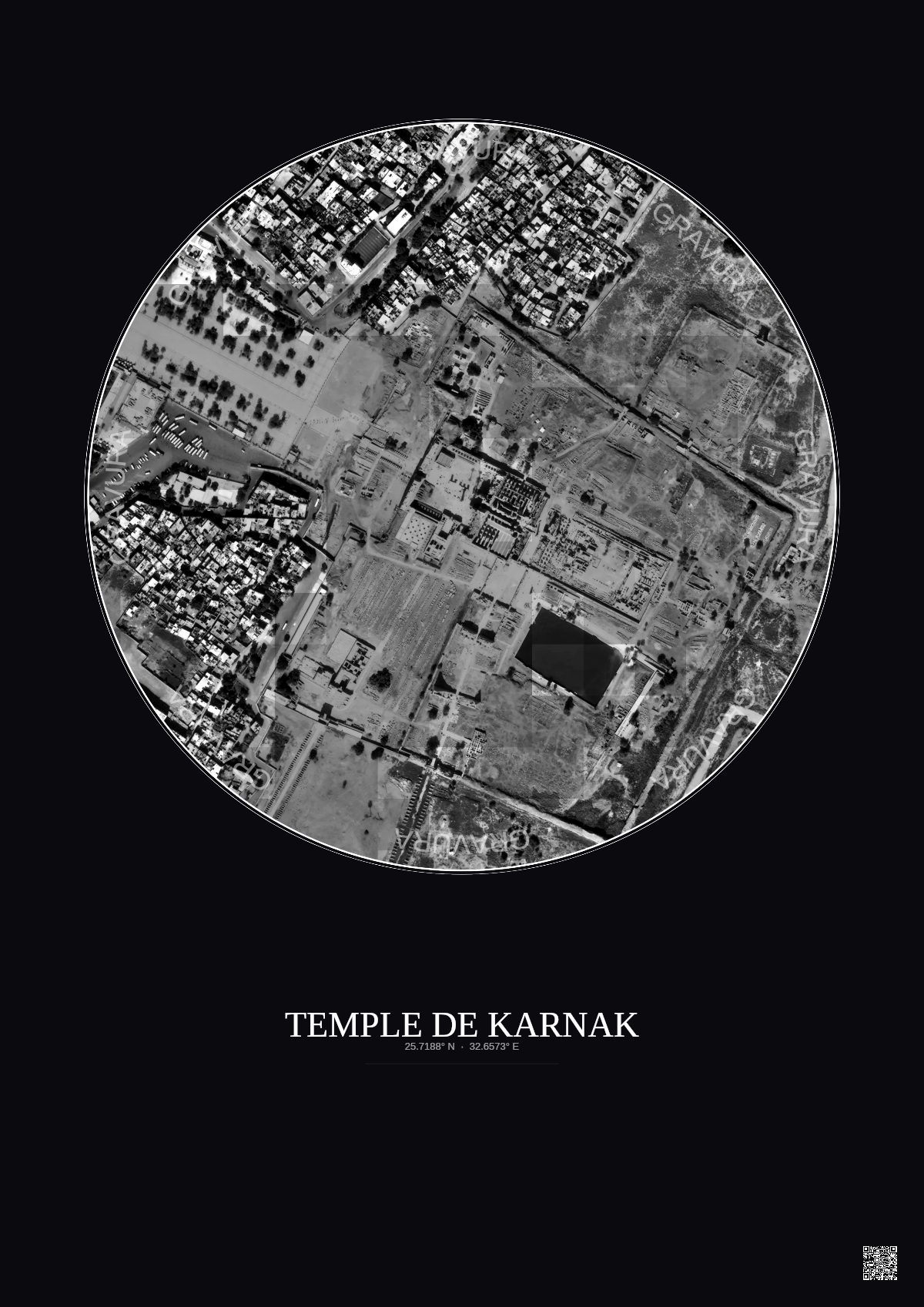 Affiche Temple De Karnak – Poster vue satellite 0.5km N&B | Gravura – Fond foncé