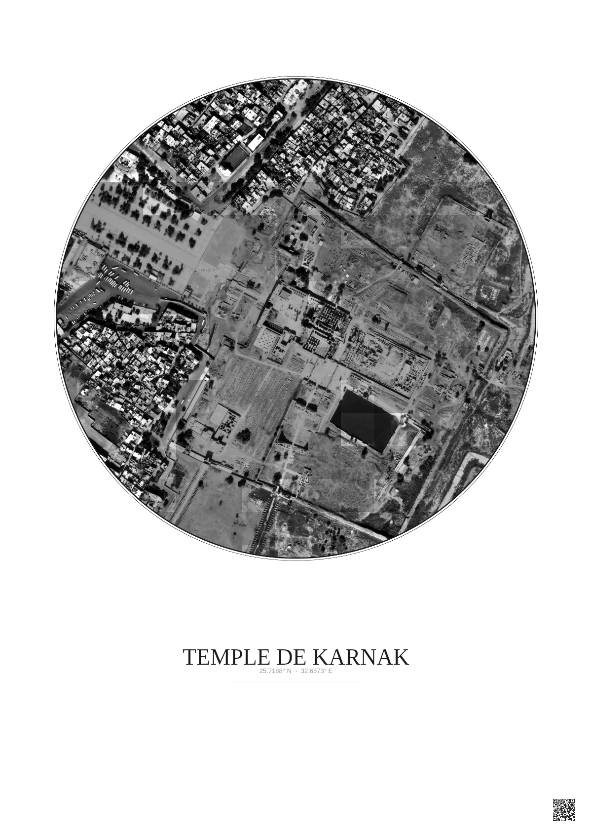 Affiche Temple De Karnak – Poster vue satellite 0.5km N&B | Gravura – Fond clair