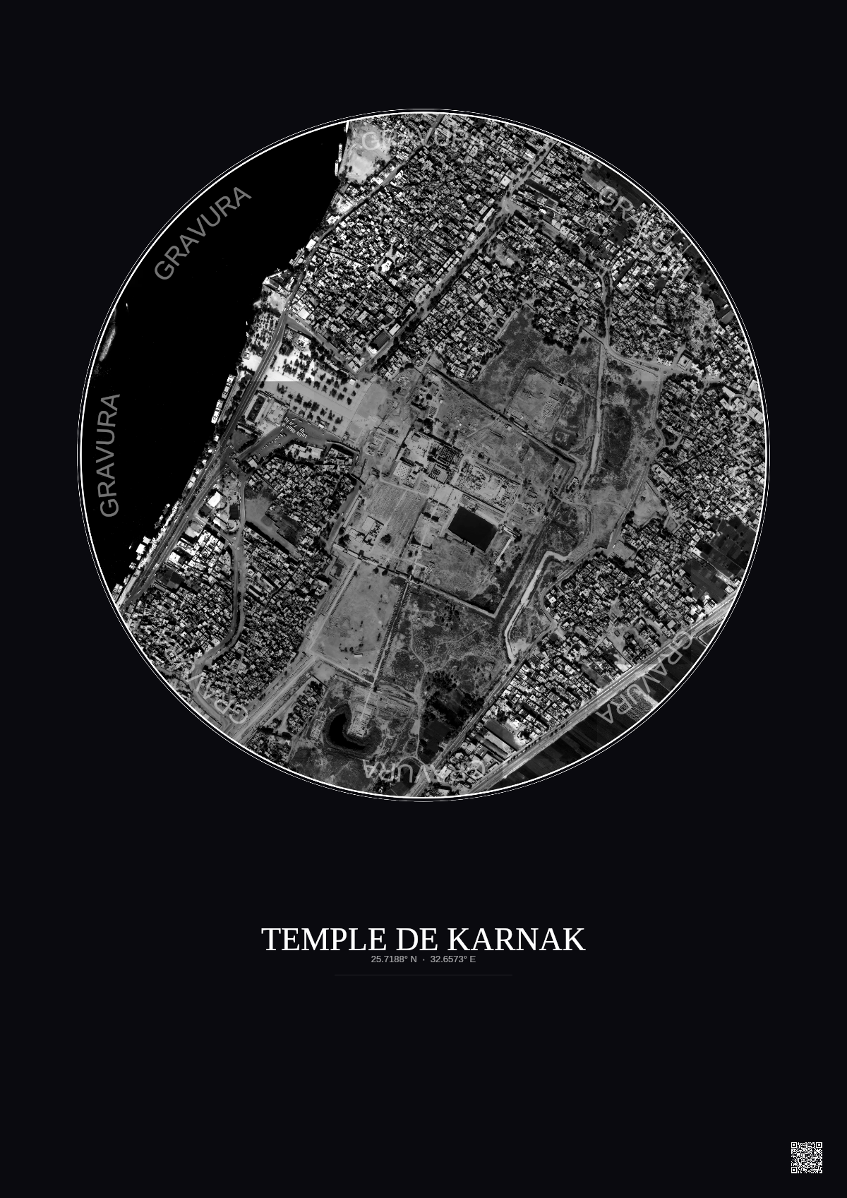 Affiche Temple De Karnak – Poster vue satellite 1km N&B | Gravura – Fond foncé