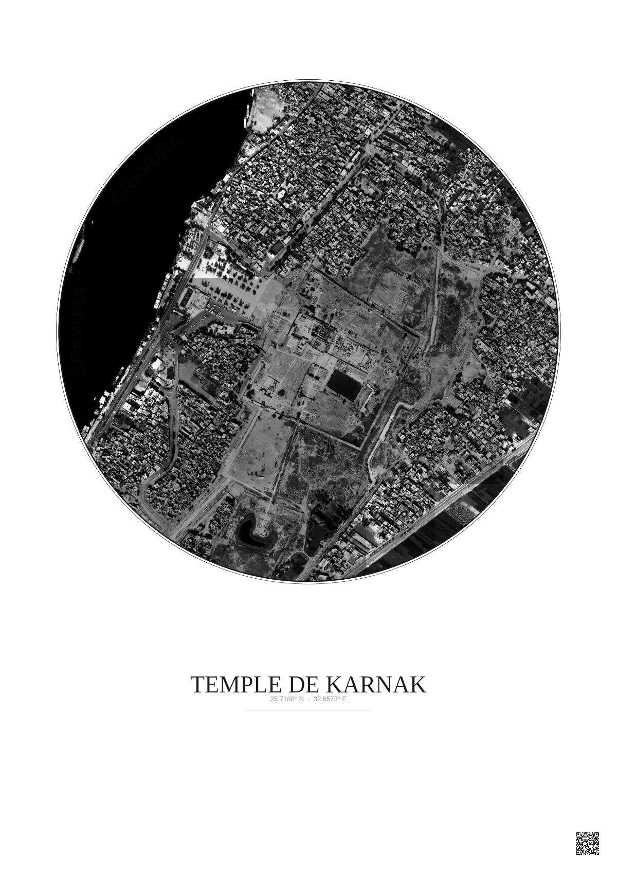 Affiche Temple De Karnak – Poster vue satellite 1km N&B | Gravura – Fond clair