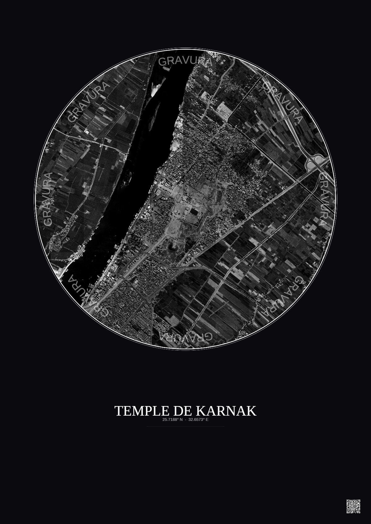 Affiche Temple De Karnak – Poster vue satellite 2.5km N&B | Gravura – Fond foncé