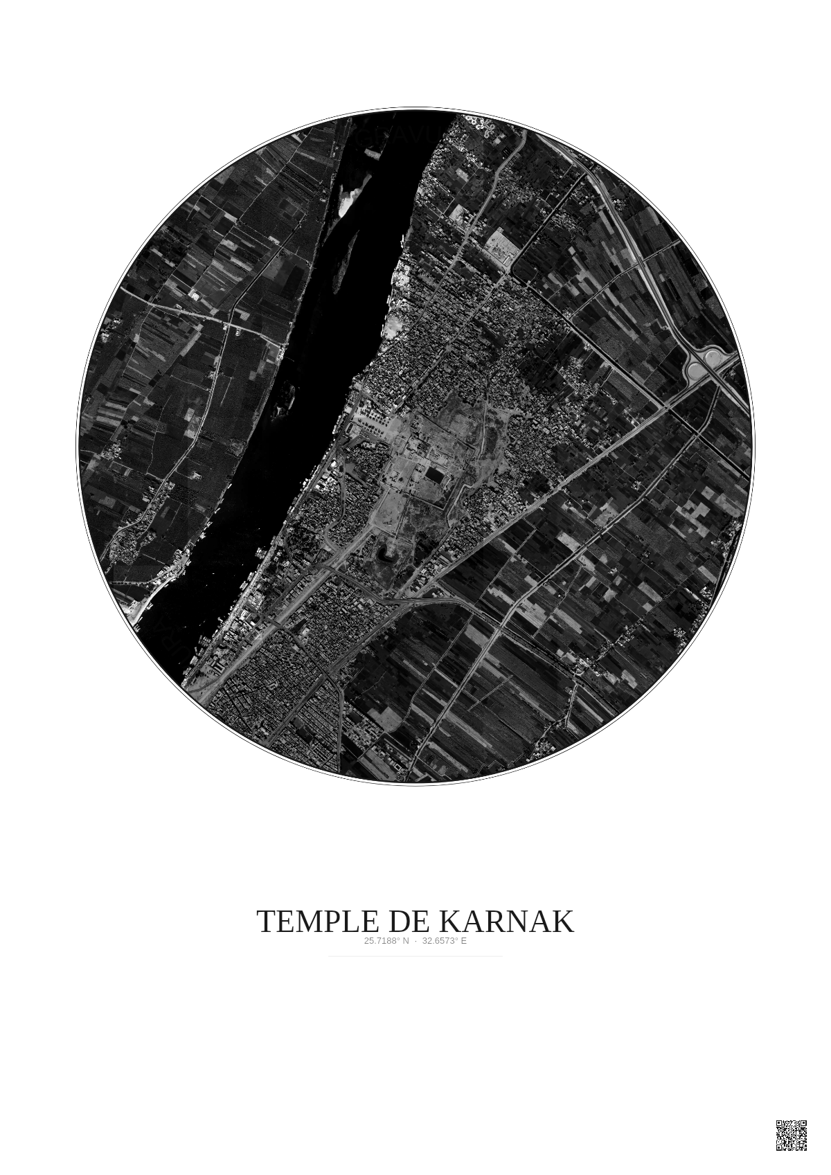 Affiche Temple De Karnak – Poster vue satellite 2.5km N&B | Gravura – Fond clair