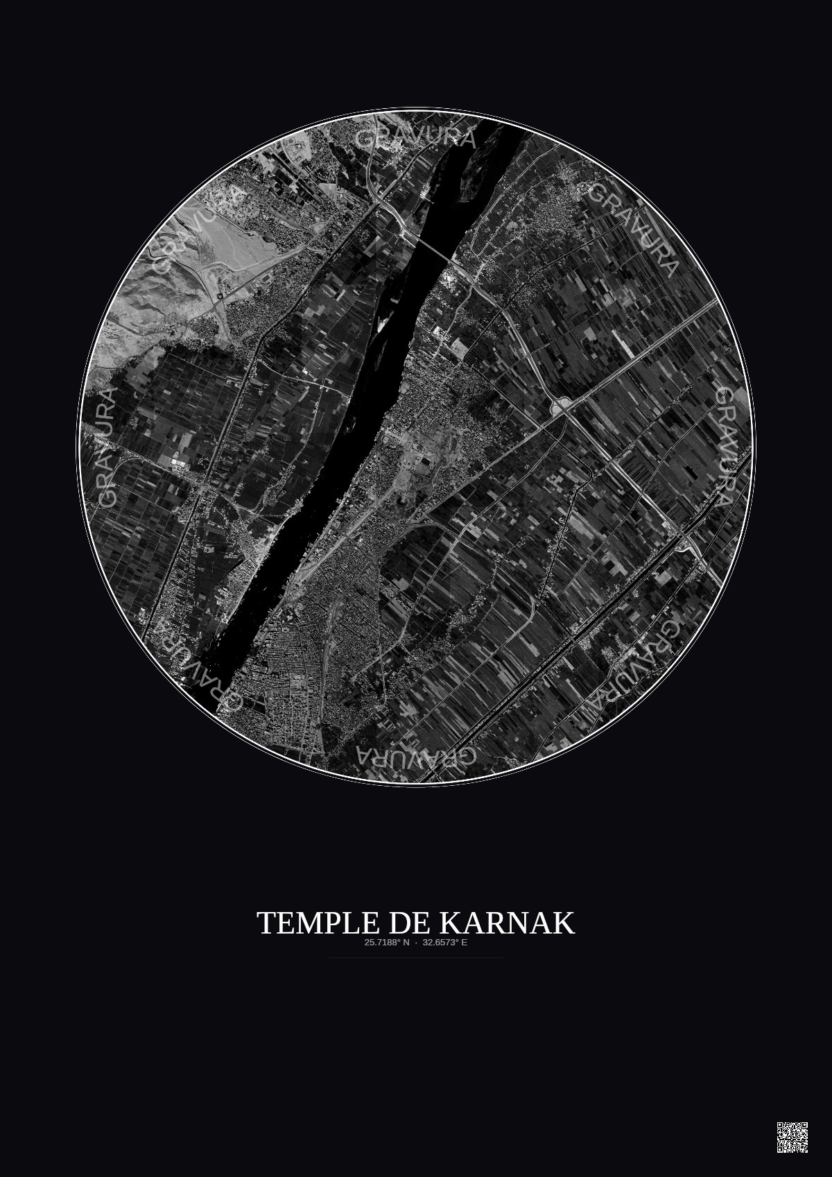 Affiche Temple De Karnak – Poster vue satellite 5km N&B | Gravura – Fond foncé