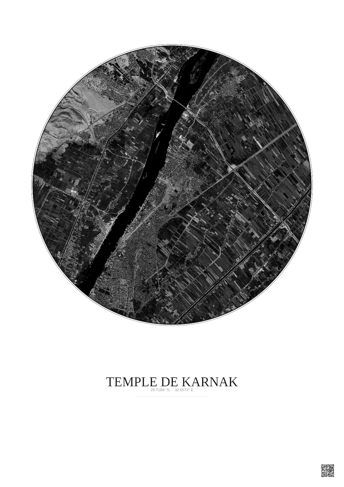 Affiche Temple De Karnak – Poster vue satellite 5km N&B | Gravura – Fond clair