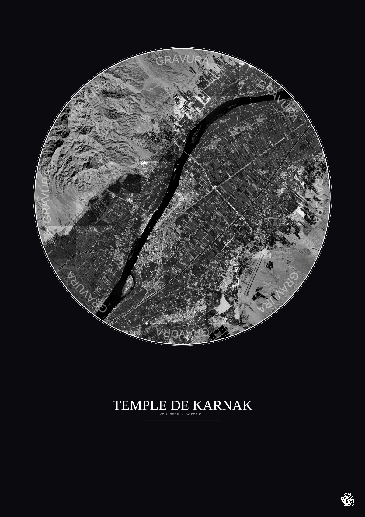 Affiche Temple De Karnak – Poster vue satellite 10km N&B | Gravura – Fond foncé