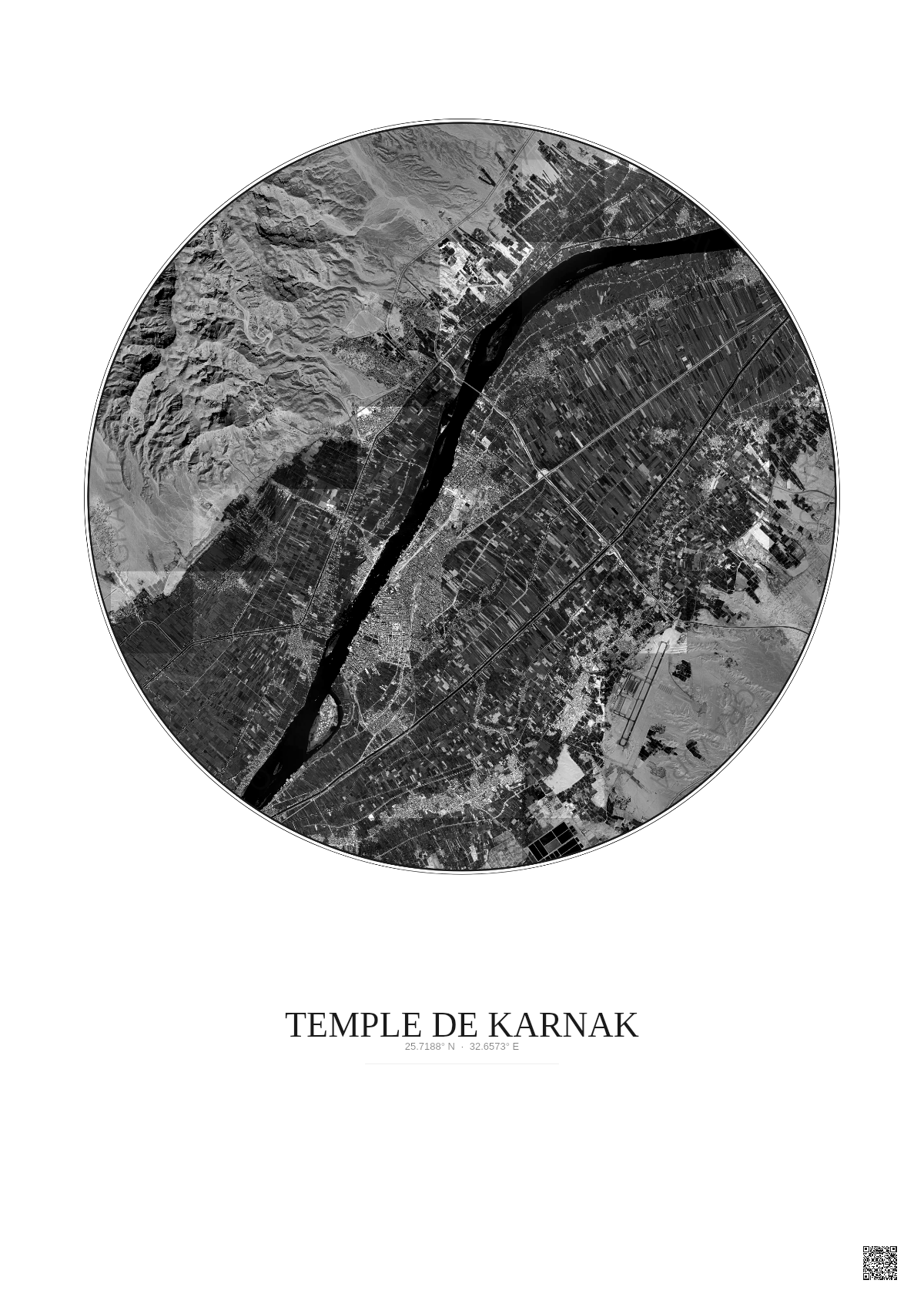 Affiche Temple De Karnak – Poster vue satellite 10km N&B | Gravura – Fond clair