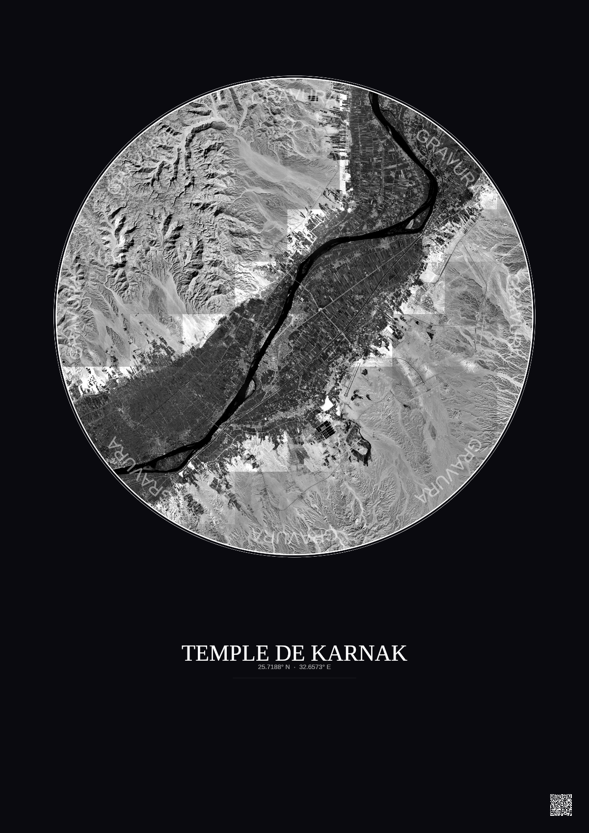 Affiche Temple De Karnak – Poster vue satellite 20km N&B | Gravura – Fond foncé