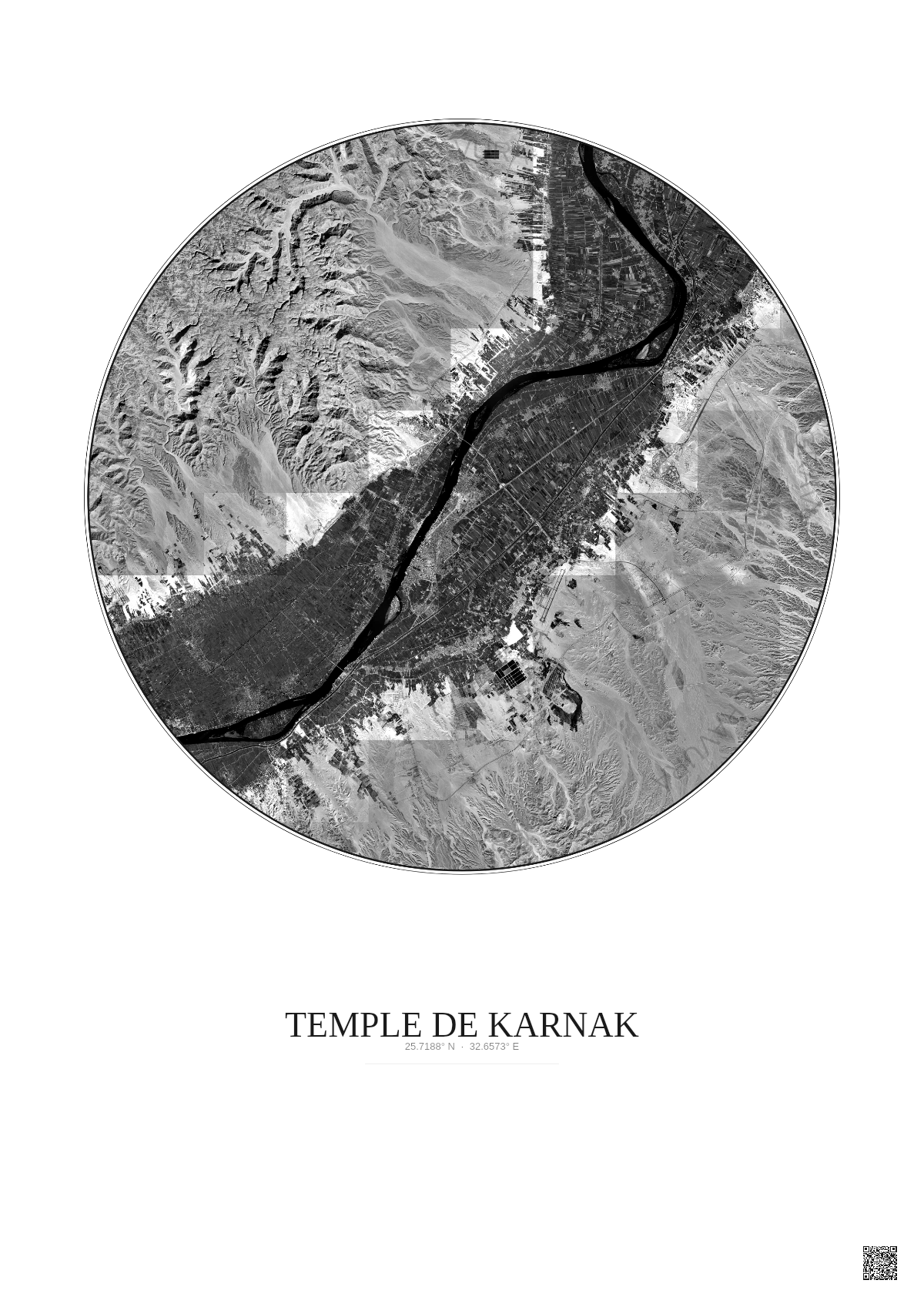 Affiche Temple De Karnak – Poster vue satellite 20km N&B | Gravura – Fond clair