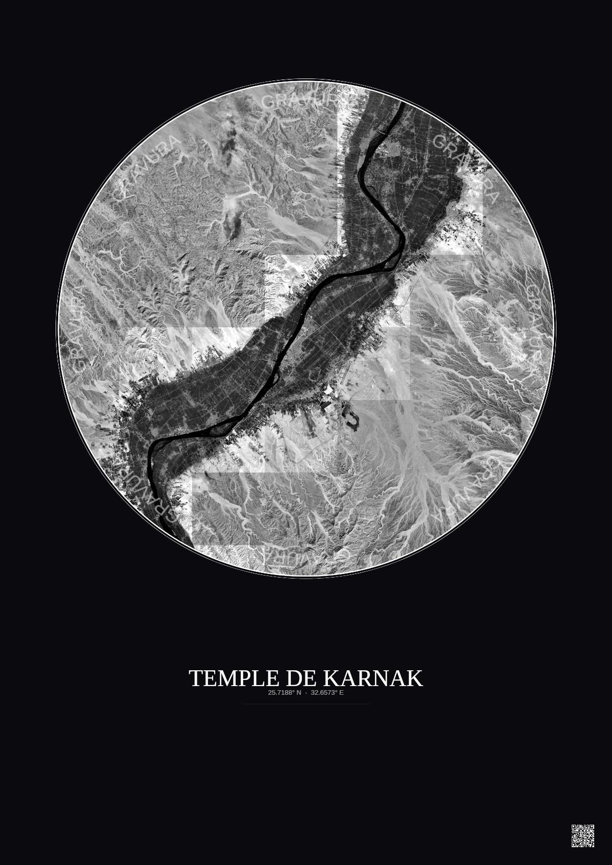 Affiche Temple De Karnak – Poster vue satellite 30km N&B | Gravura – Fond foncé