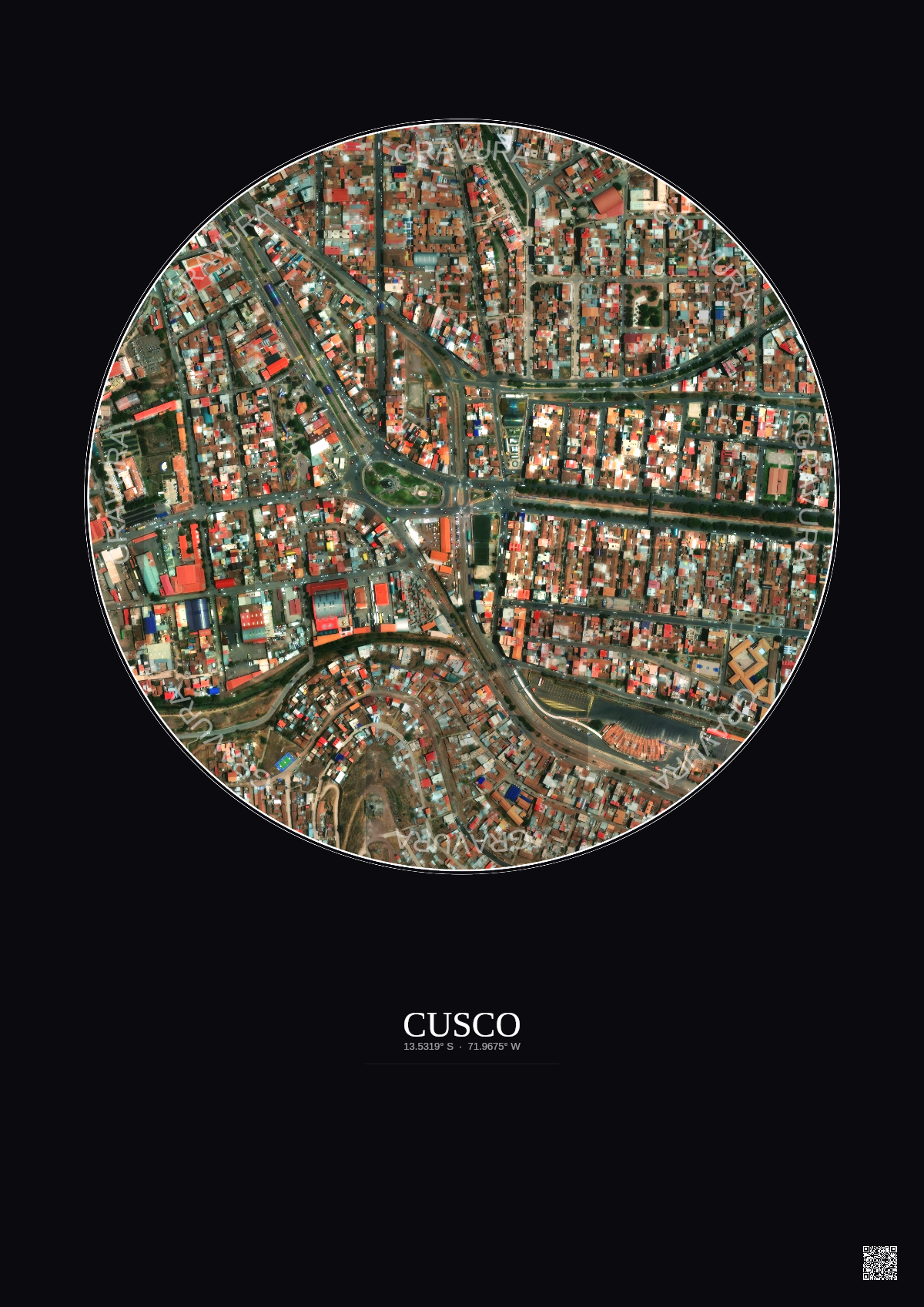 Affiche Cusco – Poster vue satellite 0.5km Couleur | Gravura – Fond foncé