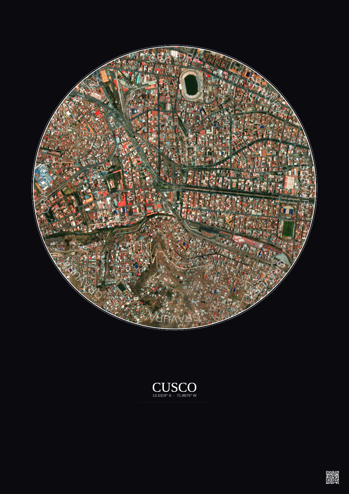 Affiche Cusco – Poster vue satellite 1km Couleur | Gravura – Fond foncé