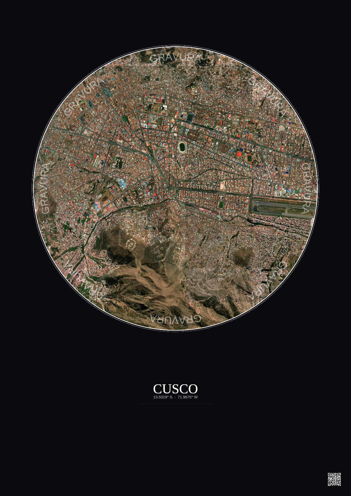 Affiche Cusco – Poster vue satellite 2.5km Couleur | Gravura – Fond foncé