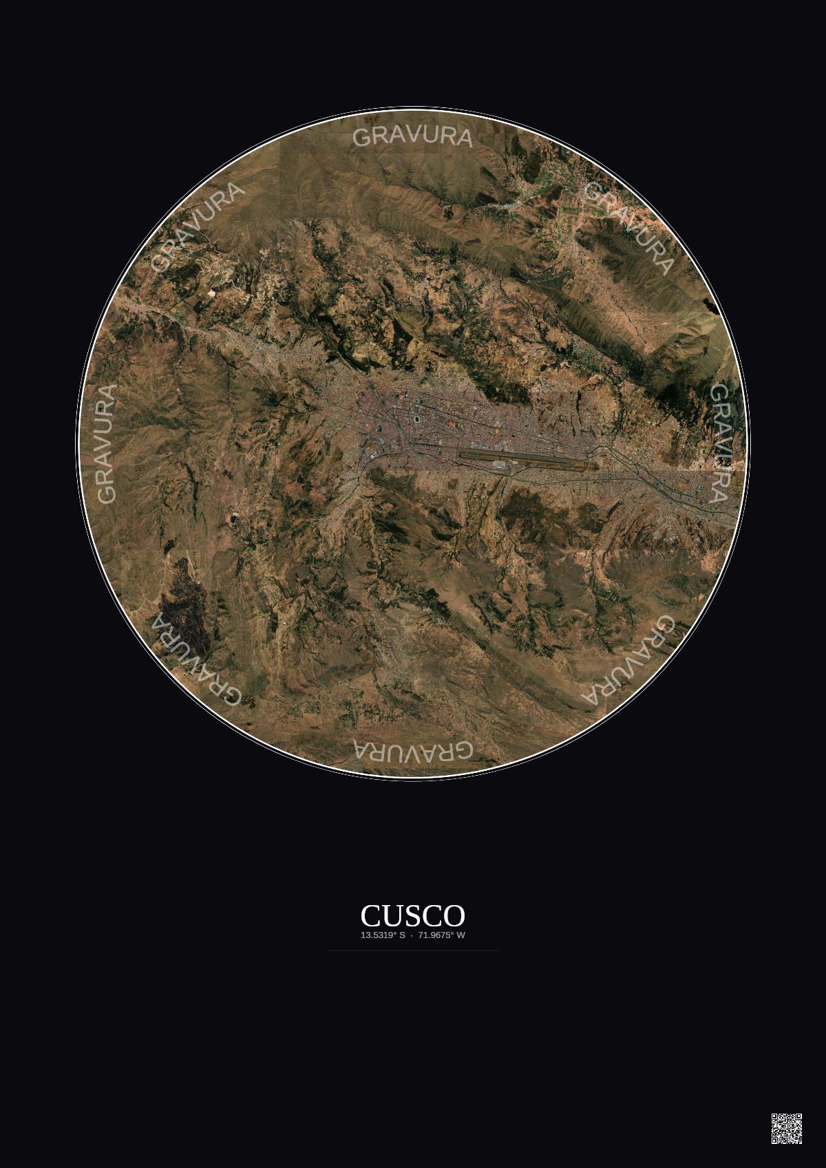 Affiche Cusco – Poster vue satellite 10km Couleur | Gravura – Fond foncé