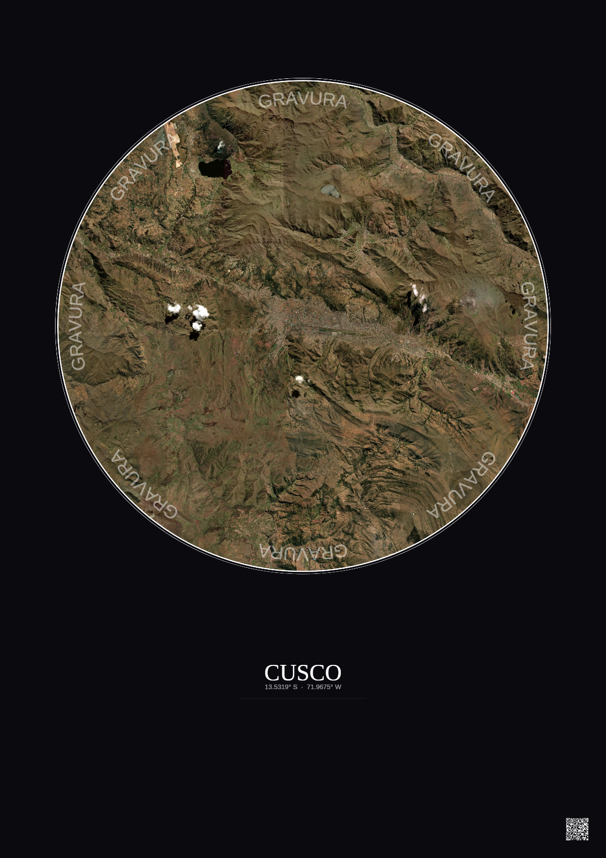 Affiche Cusco – Poster vue satellite 20km Couleur | Gravura – Fond foncé