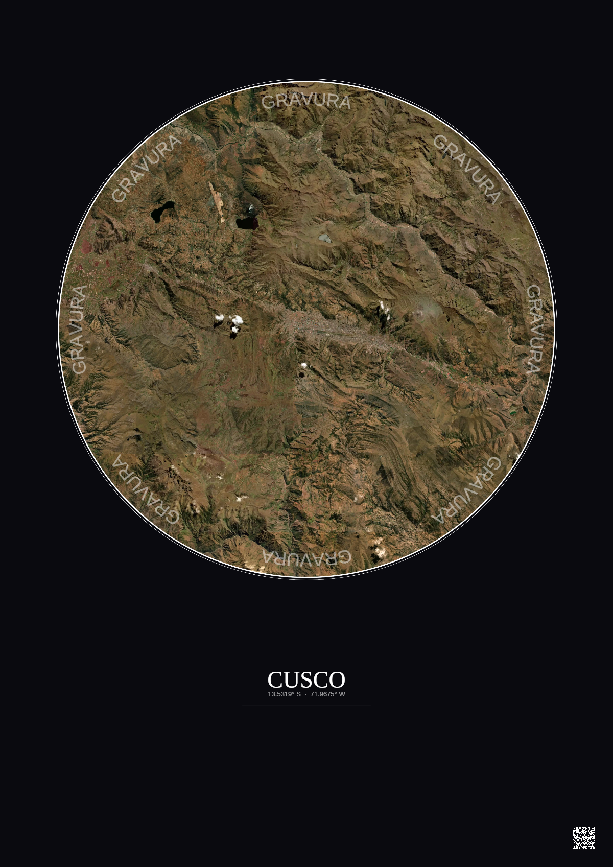 Affiche Cusco – Poster vue satellite 30km Couleur | Gravura – Fond foncé