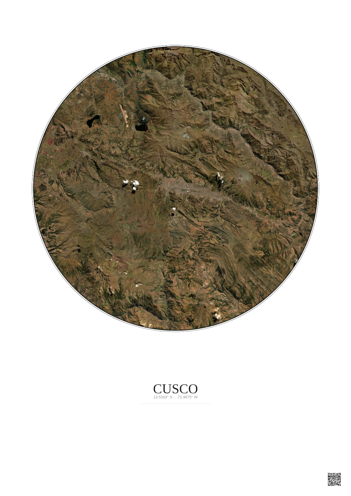 Affiche Cusco – Poster vue satellite 30km Couleur | Gravura – Fond clair