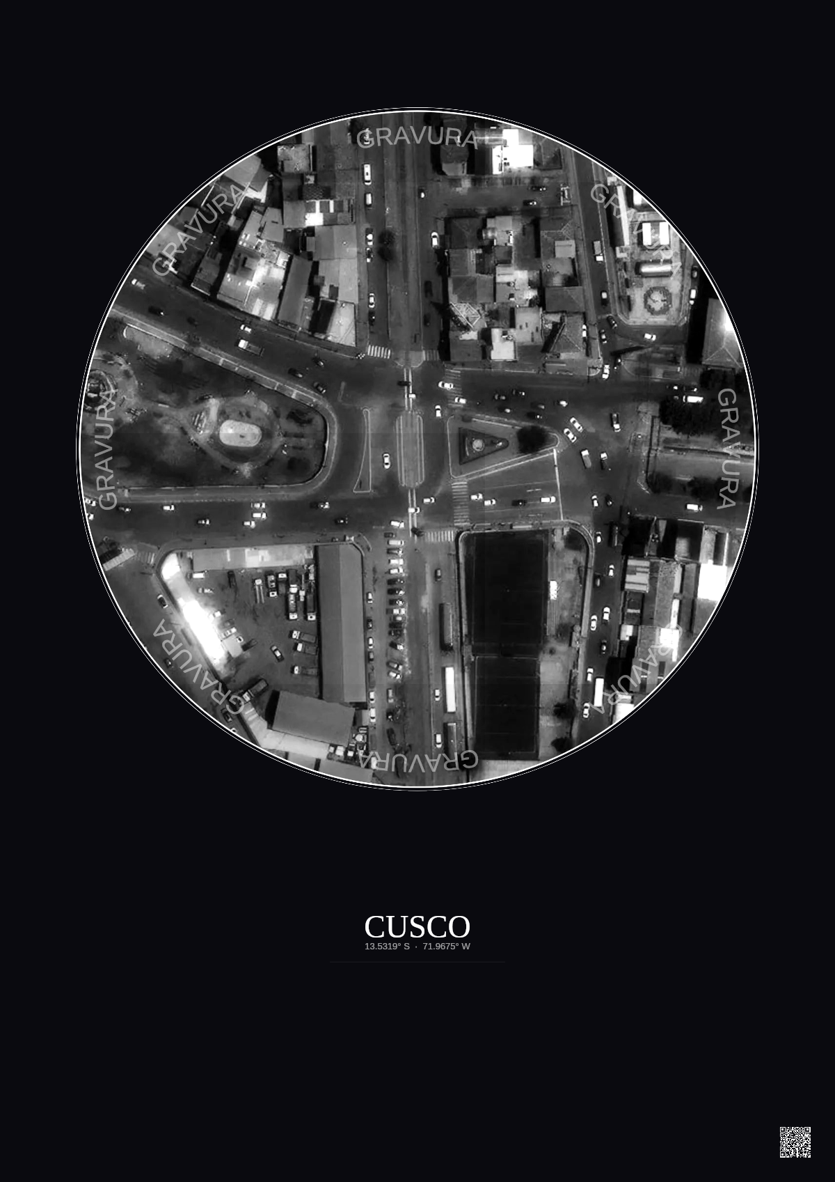 Affiche Cusco – Poster vue satellite 0.1km N&B | Gravura – Fond foncé