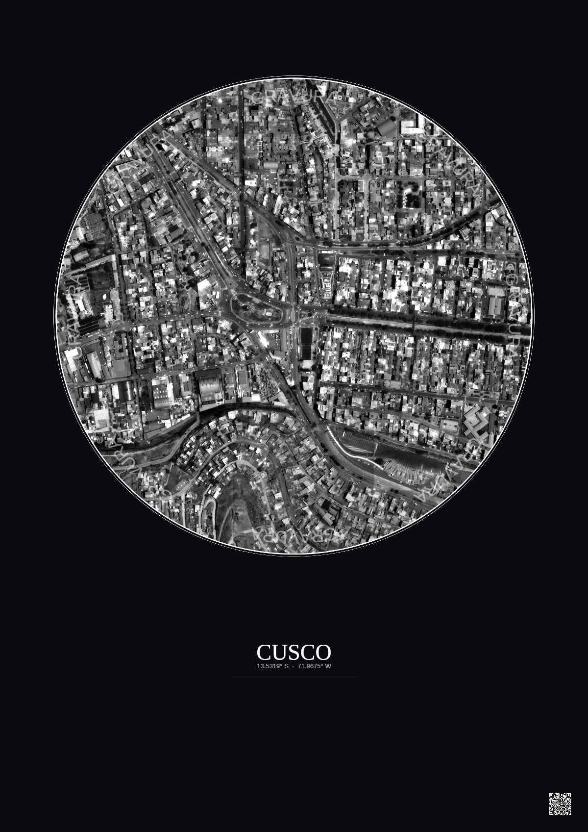 Affiche Cusco – Poster vue satellite 0.5km N&B | Gravura – Fond foncé