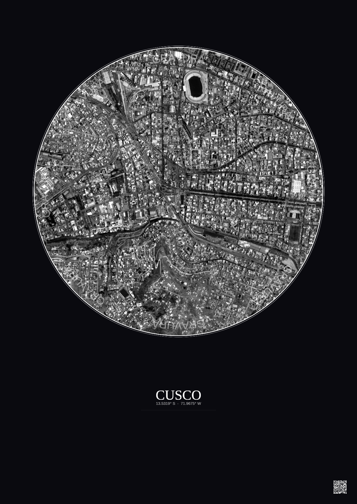 Affiche Cusco – Poster vue satellite 1km N&B | Gravura – Fond foncé