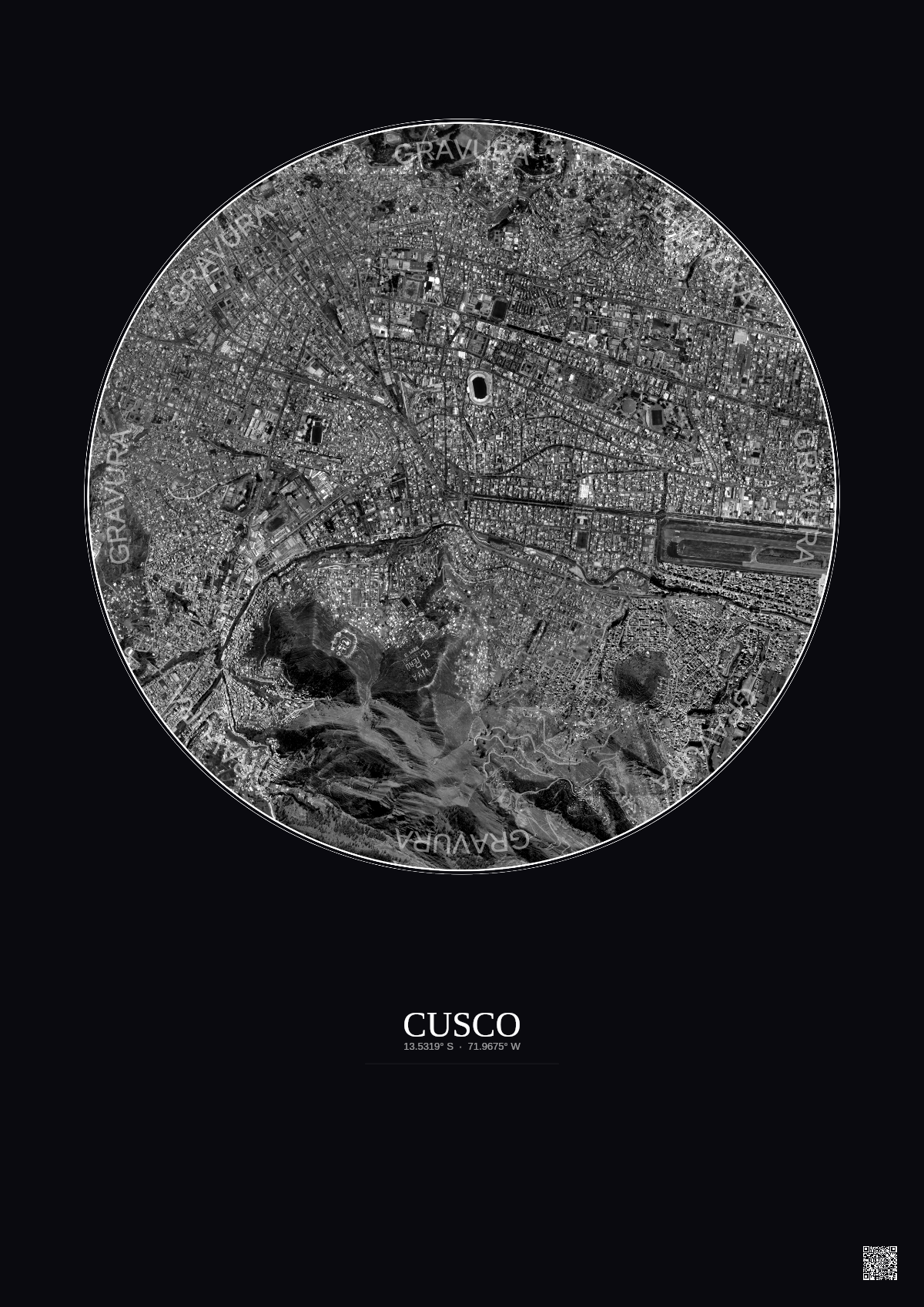 Affiche Cusco – Poster vue satellite 2.5km N&B | Gravura – Fond foncé