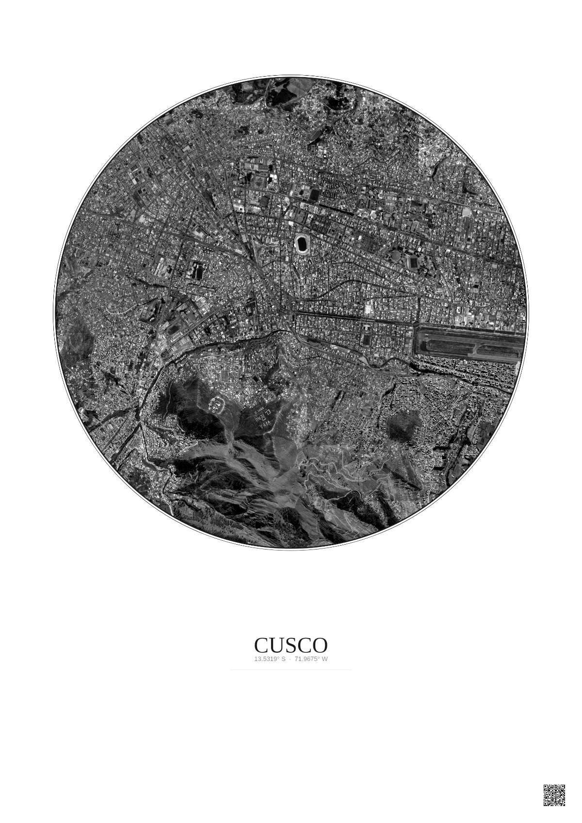 Affiche Cusco – Poster vue satellite 2.5km N&B | Gravura – Fond clair