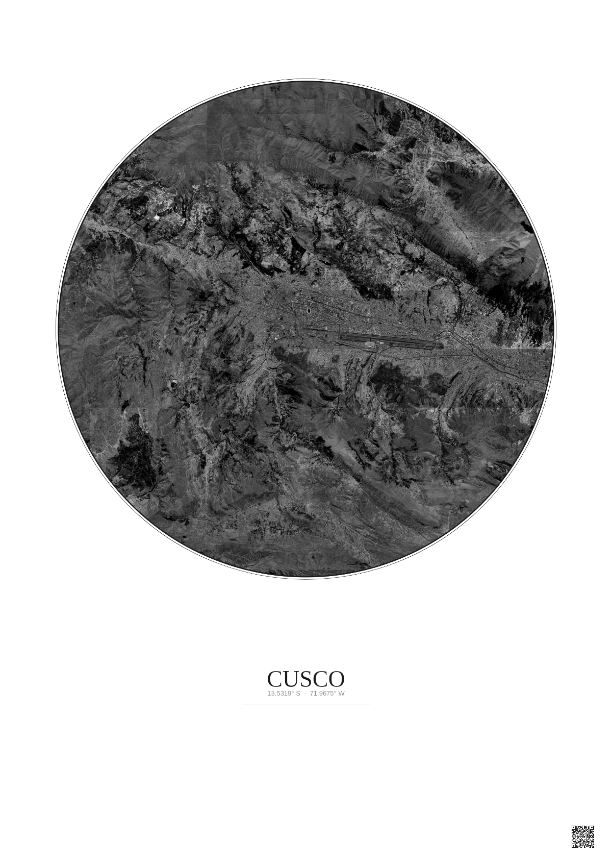 Affiche Cusco – Poster vue satellite 10km N&B | Gravura – Fond clair