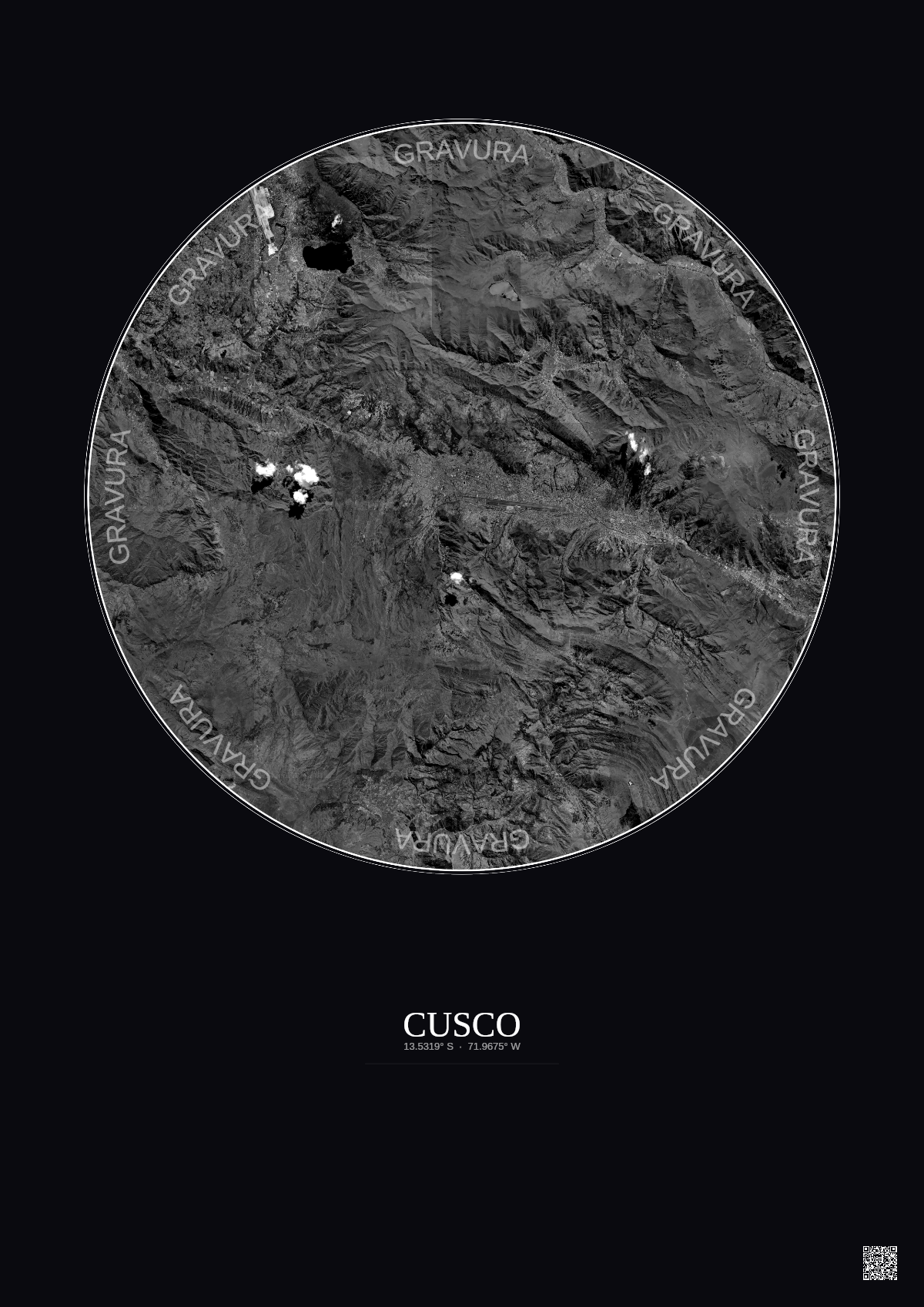 Affiche Cusco – Poster vue satellite 20km N&B | Gravura – Fond foncé