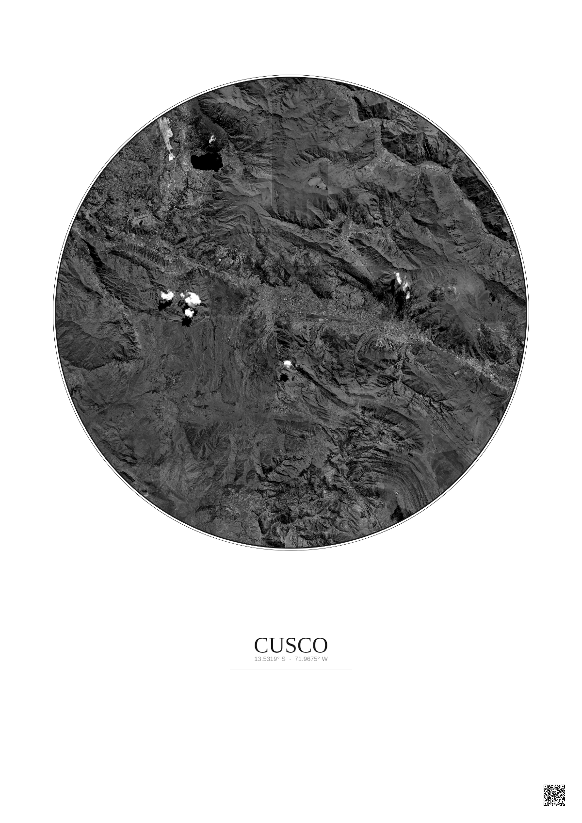Affiche Cusco – Poster vue satellite 20km N&B | Gravura – Fond clair