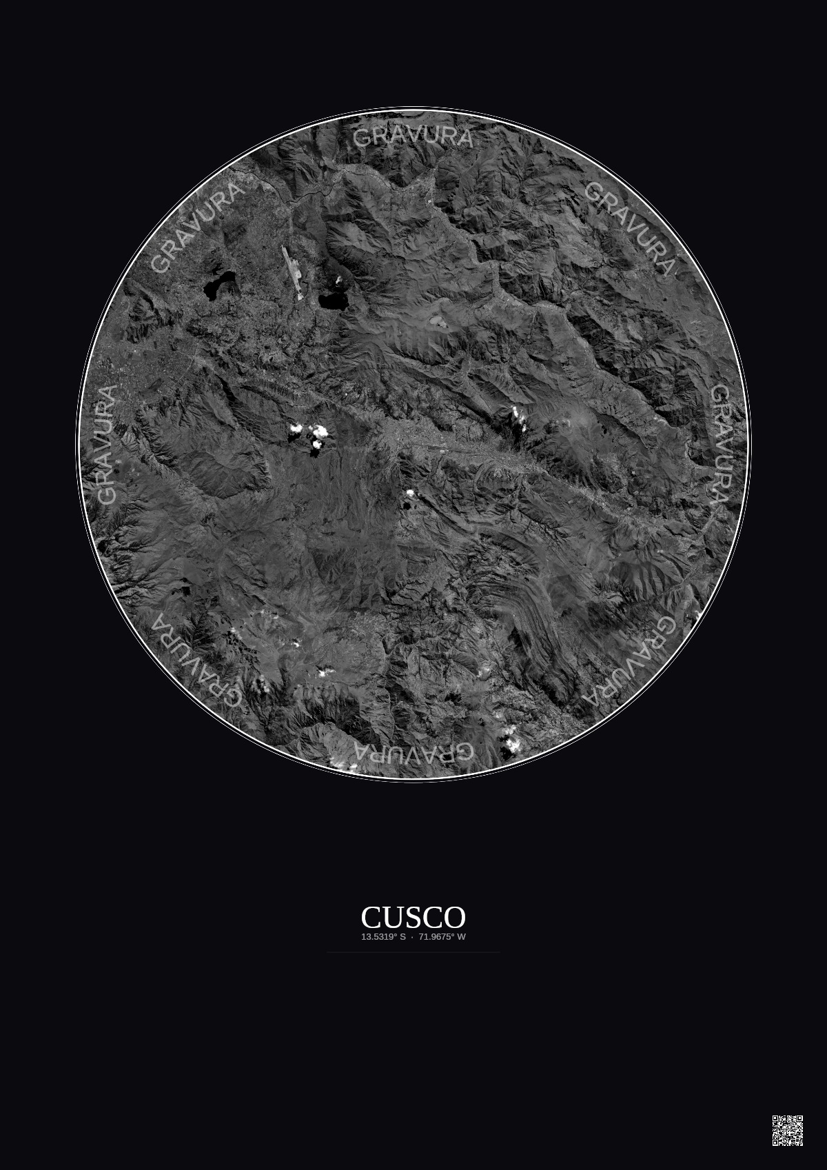 Affiche Cusco – Poster vue satellite 30km N&B | Gravura – Fond foncé