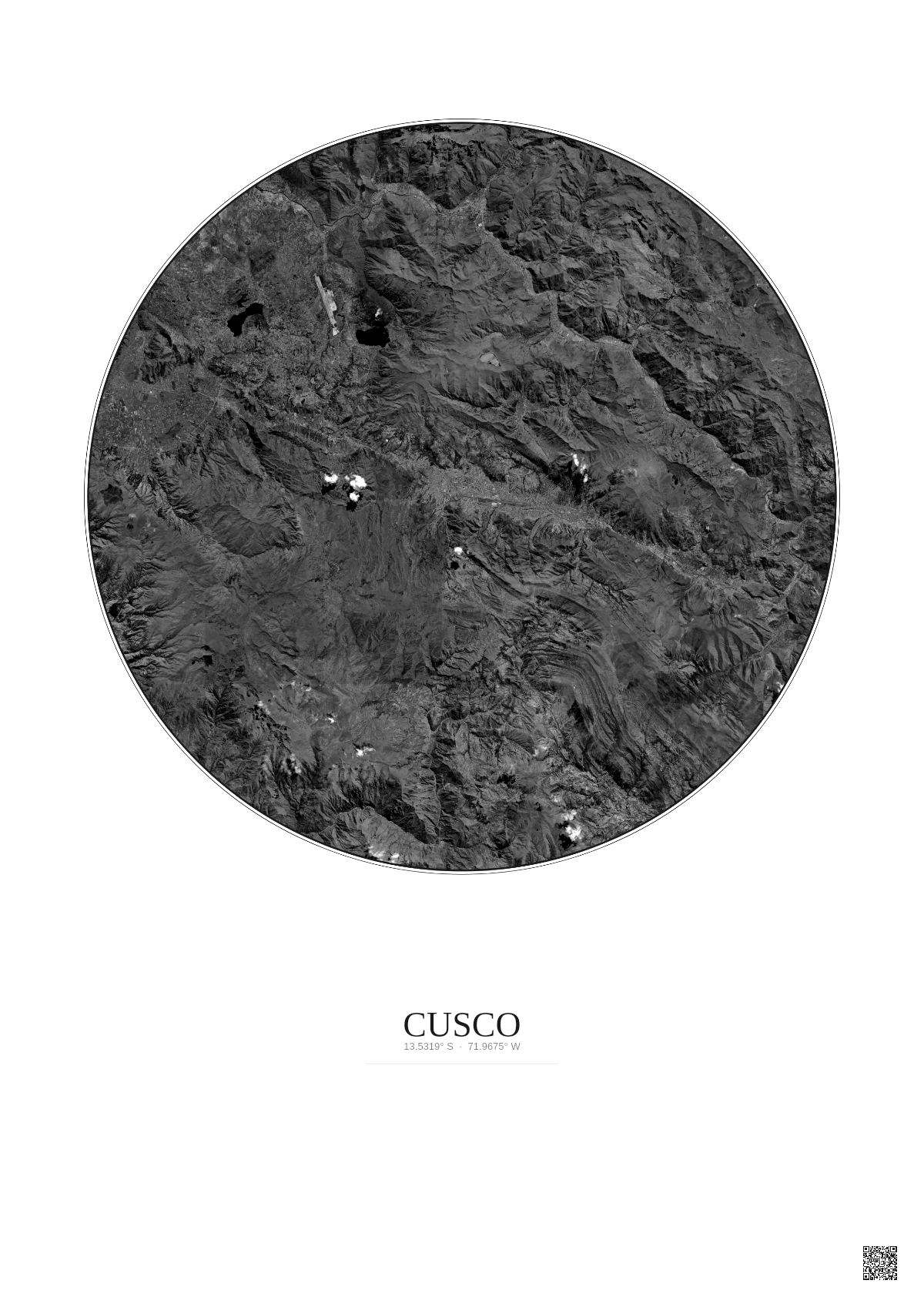 Affiche Cusco – Poster vue satellite 30km N&B | Gravura – Fond clair