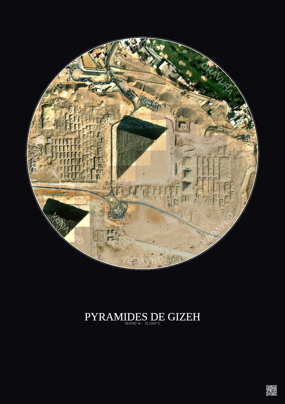 Affiche Pyramides De Gizeh – Poster vue satellite 0.5km Couleur | Gravura – Fond foncé