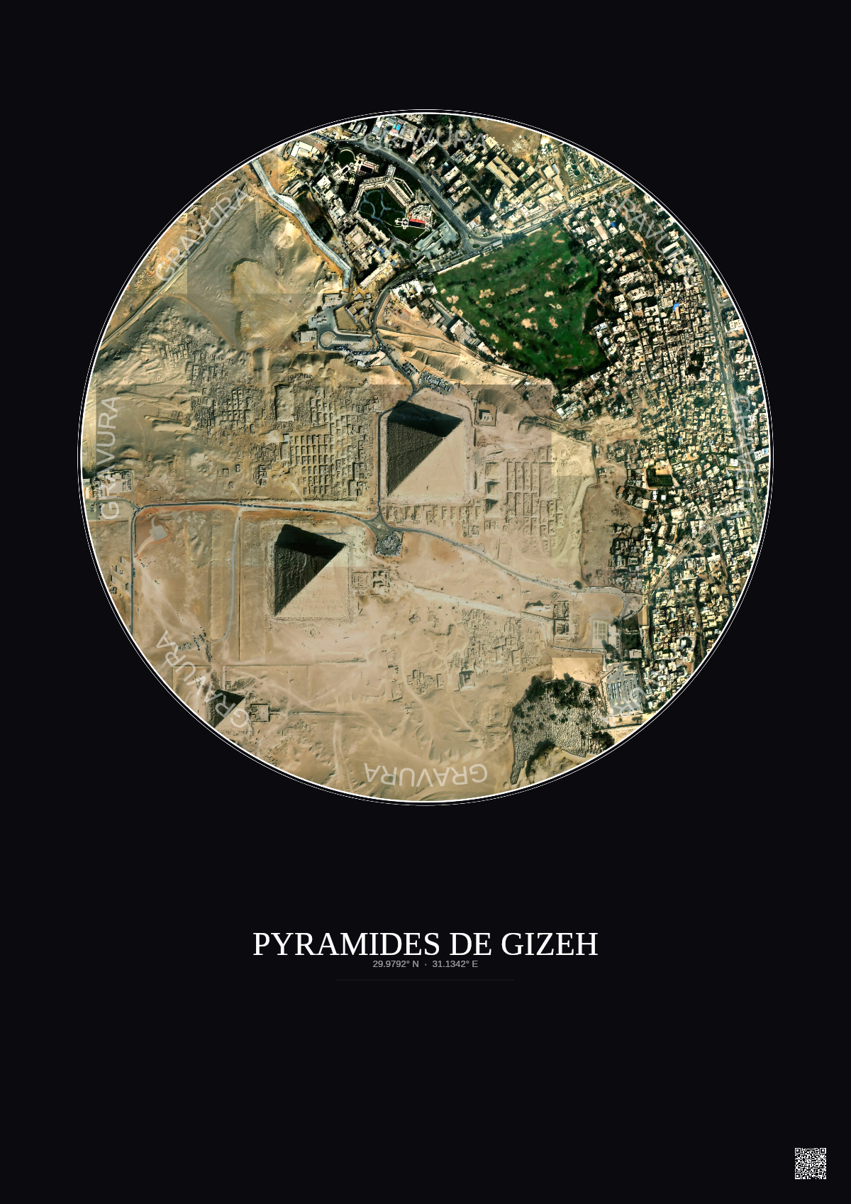 Affiche Pyramides De Gizeh – Poster vue satellite 1km Couleur | Gravura – Fond foncé