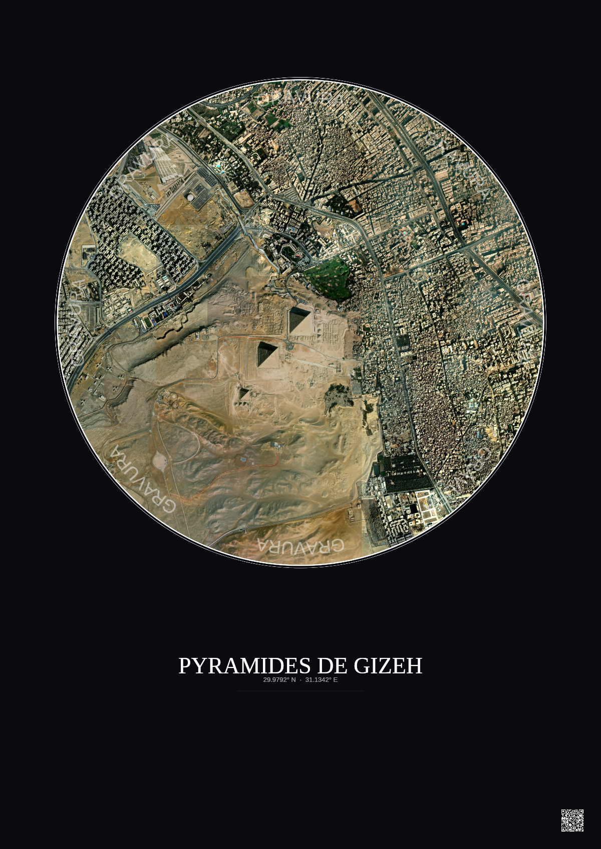 Affiche Pyramides De Gizeh – Poster vue satellite 2.5km Couleur | Gravura – Fond foncé