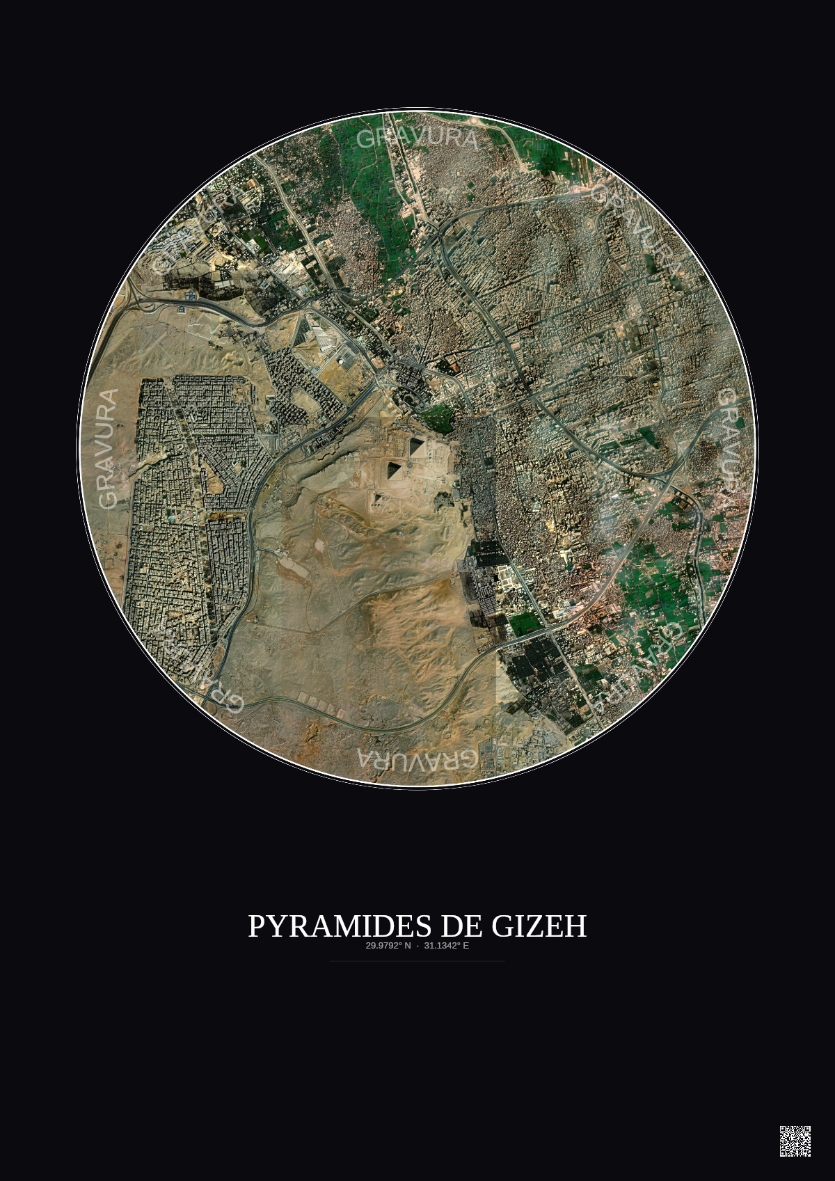 Affiche Pyramides De Gizeh – Poster vue satellite 5km Couleur | Gravura – Fond foncé