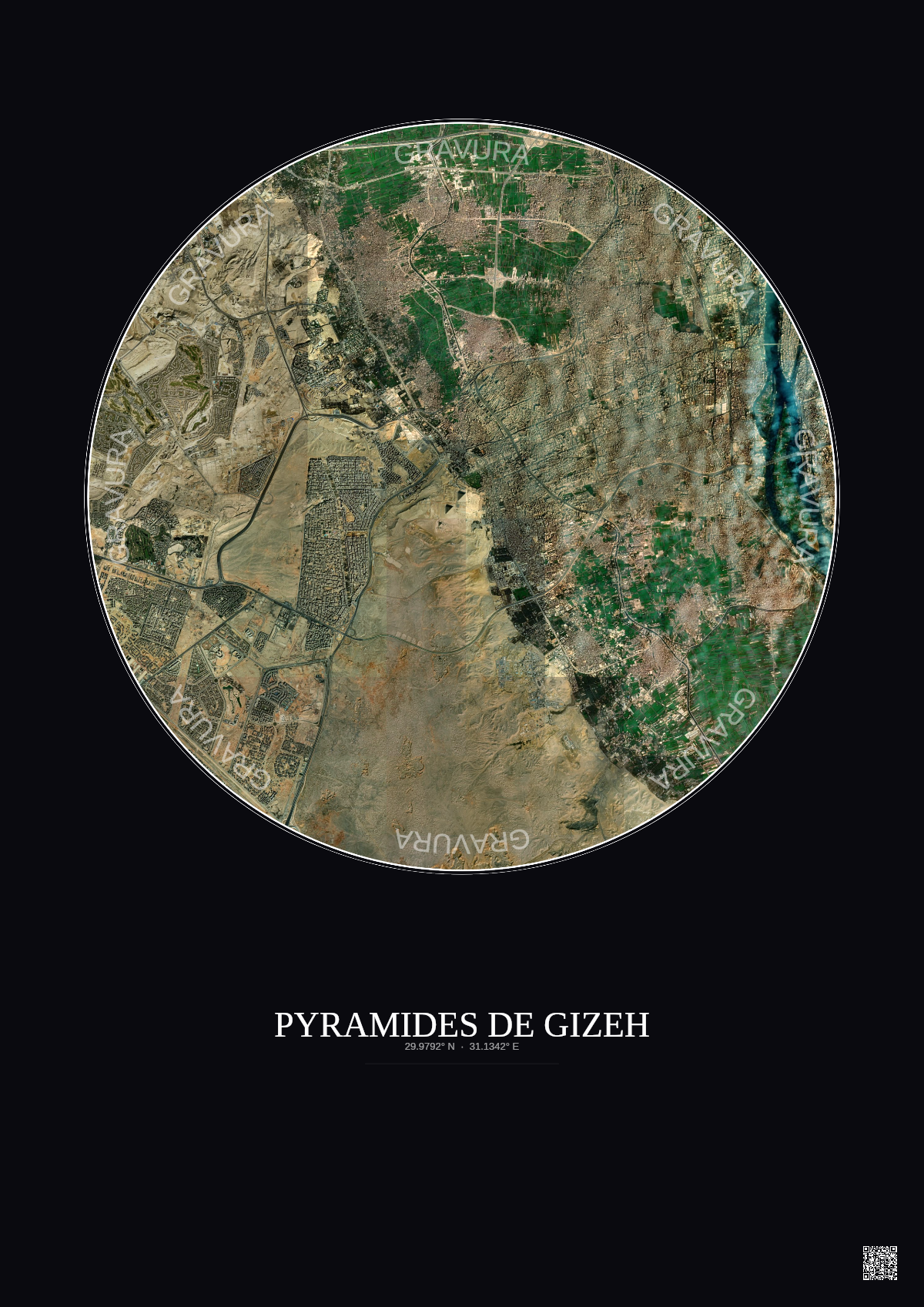 Affiche Pyramides De Gizeh – Poster vue satellite 10km Couleur | Gravura – Fond foncé