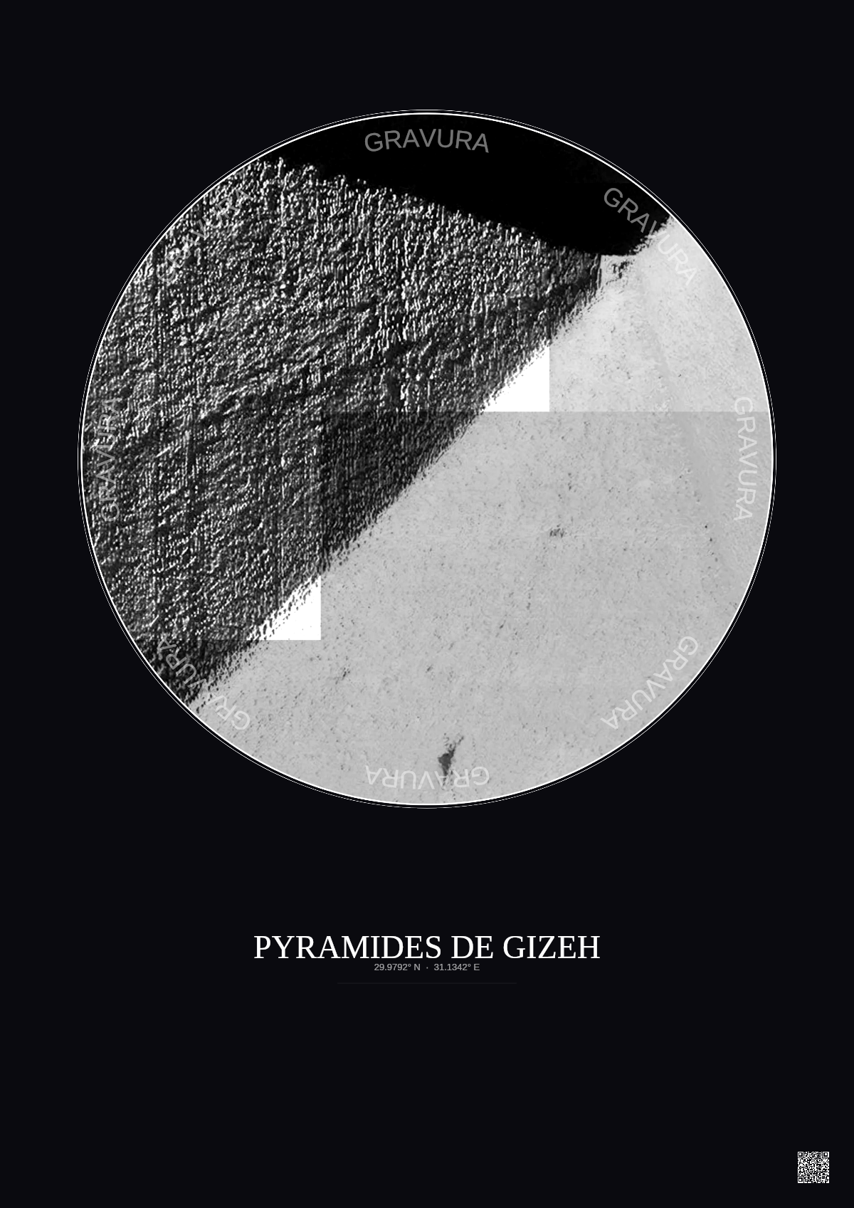 Affiche Pyramides De Gizeh – Poster vue satellite 0.1km N&B | Gravura – Fond foncé