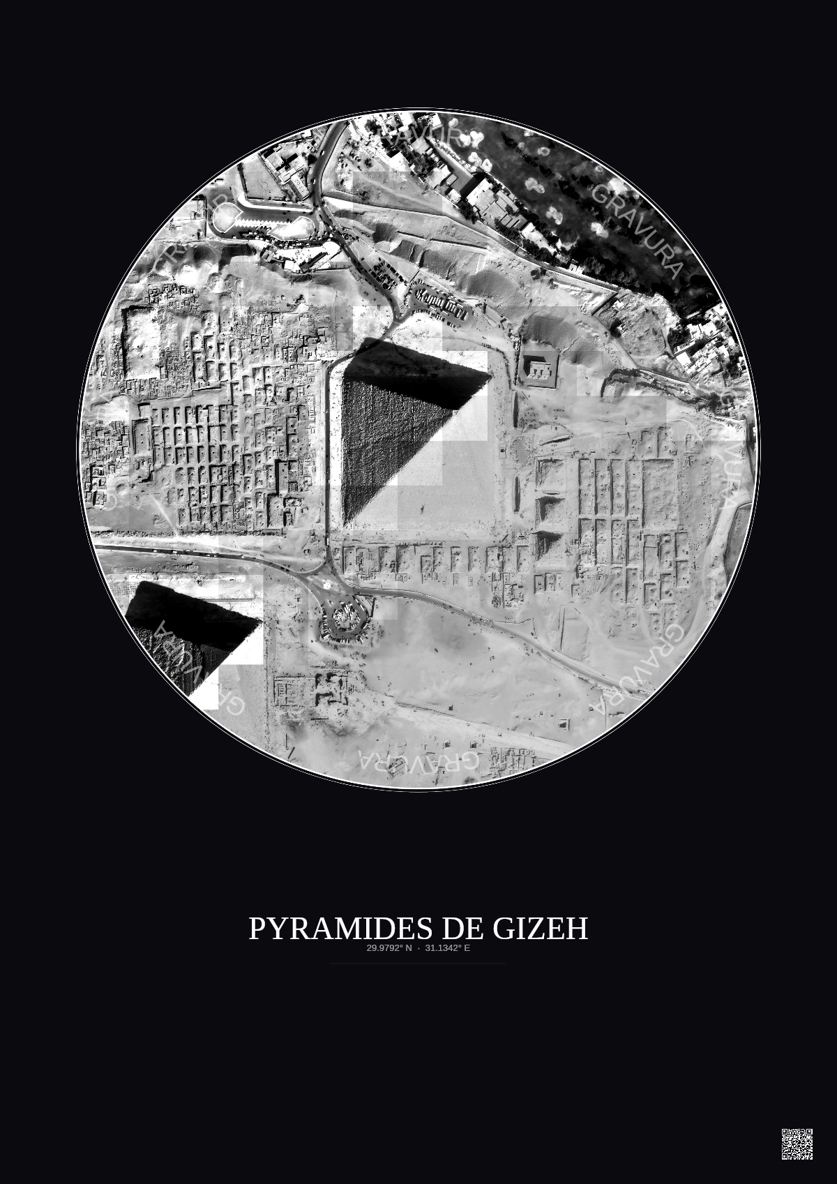 Affiche Pyramides De Gizeh – Poster vue satellite 0.5km N&B | Gravura – Fond foncé