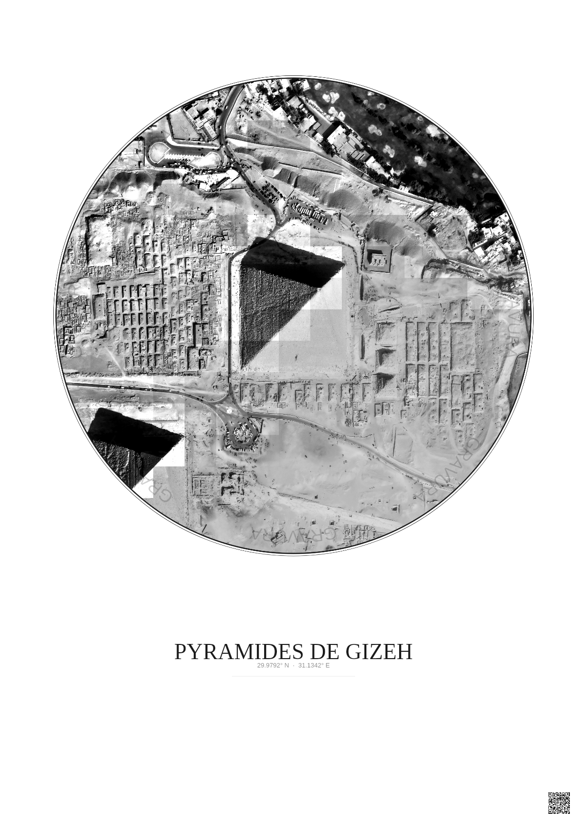 Affiche Pyramides De Gizeh – Poster vue satellite 0.5km N&B | Gravura – Fond clair