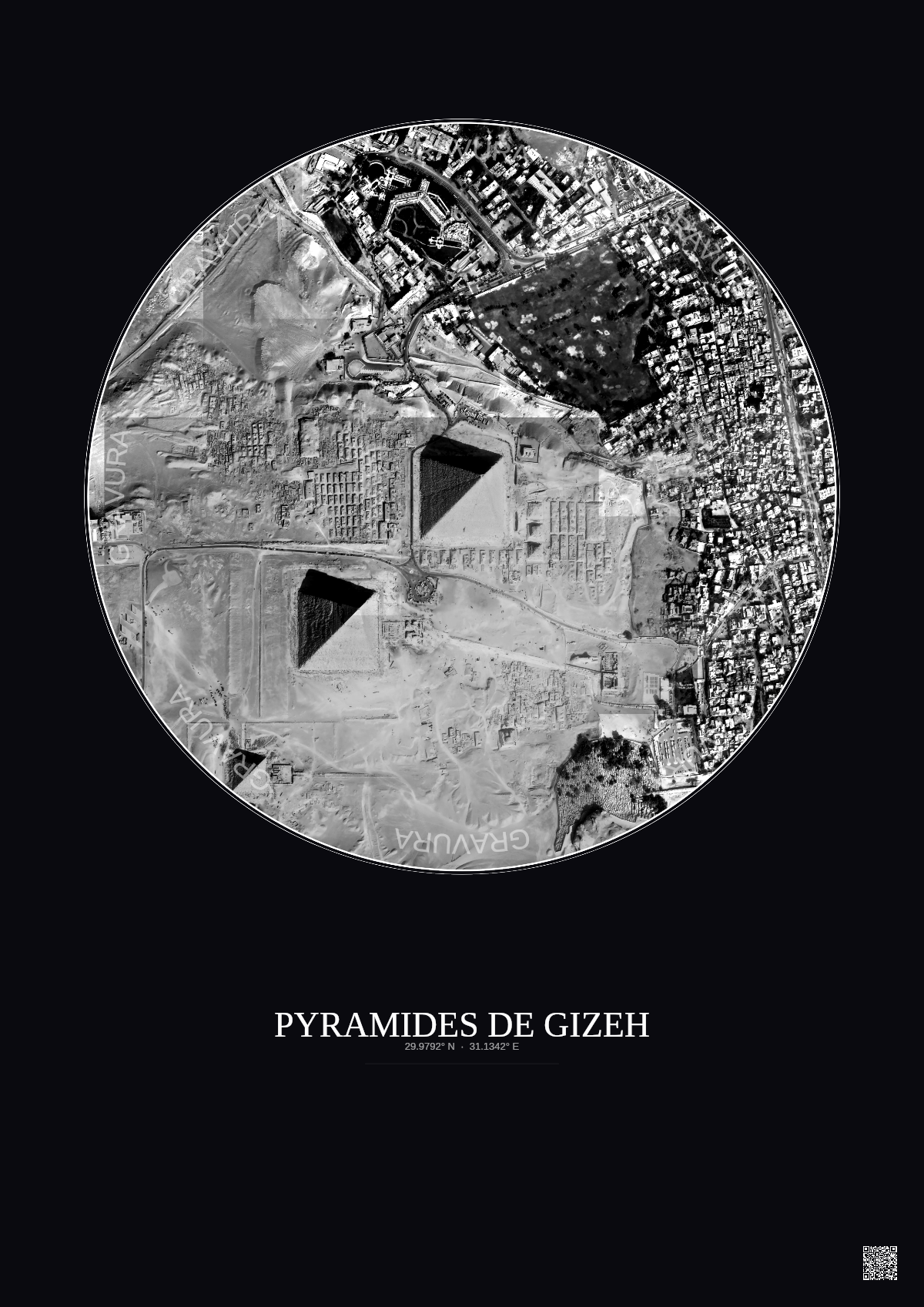 Affiche Pyramides De Gizeh – Poster vue satellite 1km N&B | Gravura – Fond foncé