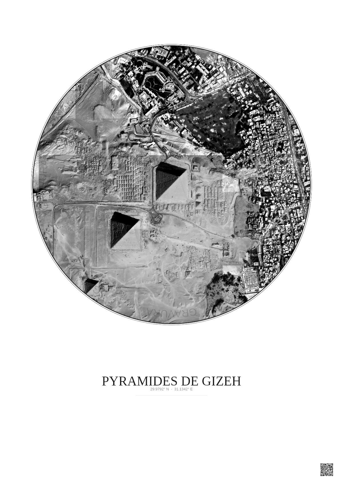 Affiche Pyramides De Gizeh – Poster vue satellite 1km N&B | Gravura – Fond clair