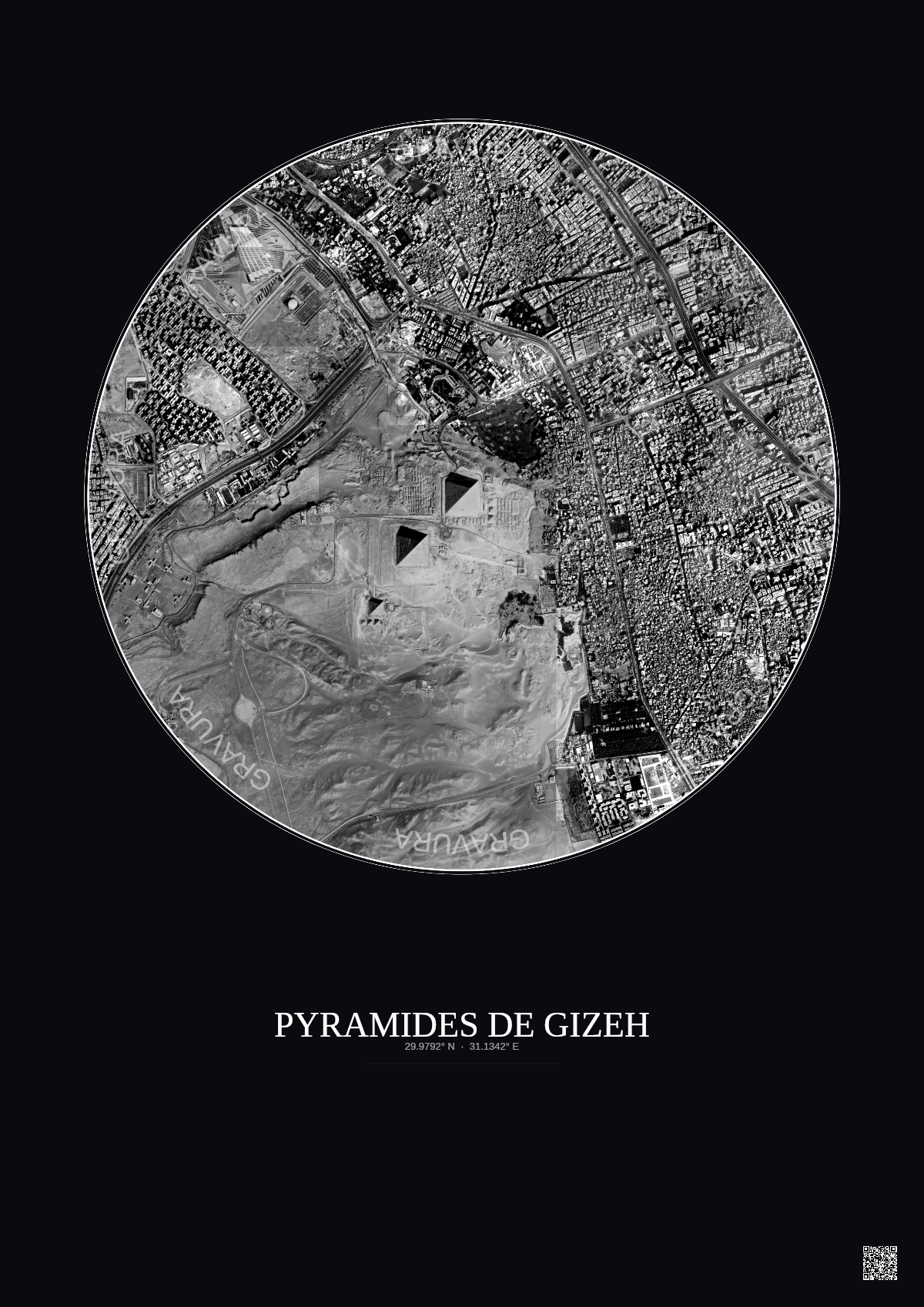 Affiche Pyramides De Gizeh – Poster vue satellite 2.5km N&B | Gravura – Fond foncé